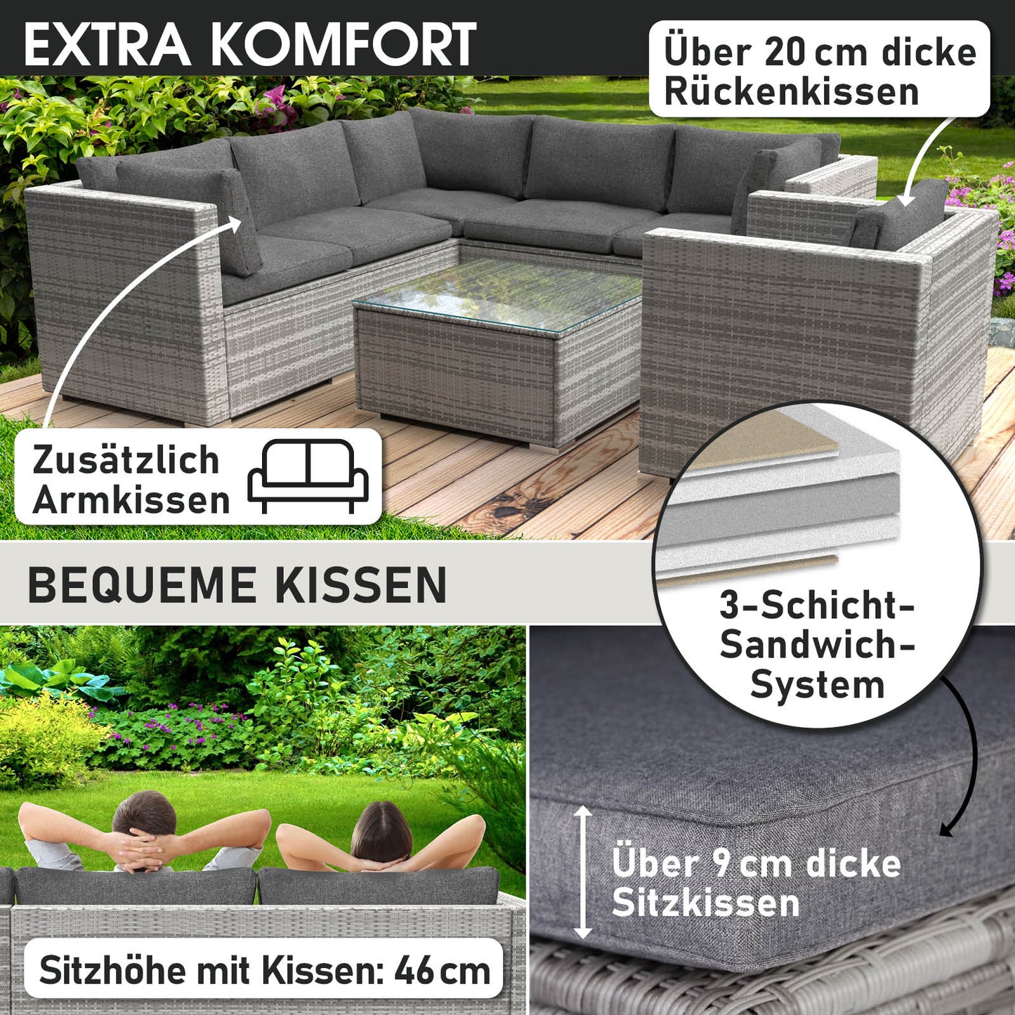 Graues Polyrattan Lounge Möbel Set mit dick gepolsterten Sitz- und Rückenkissen, modernem Gartentisch, loungemöbel für.