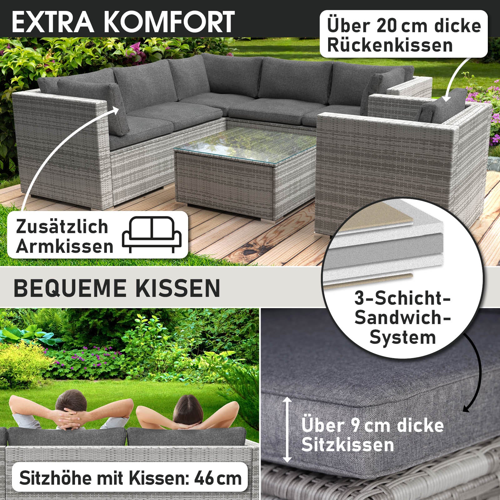 Graues Polyrattan Lounge Möbel Set mit dick gepolsterten Sitz- und Rückenkissen, modernem Gartentisch, loungemöbel für.