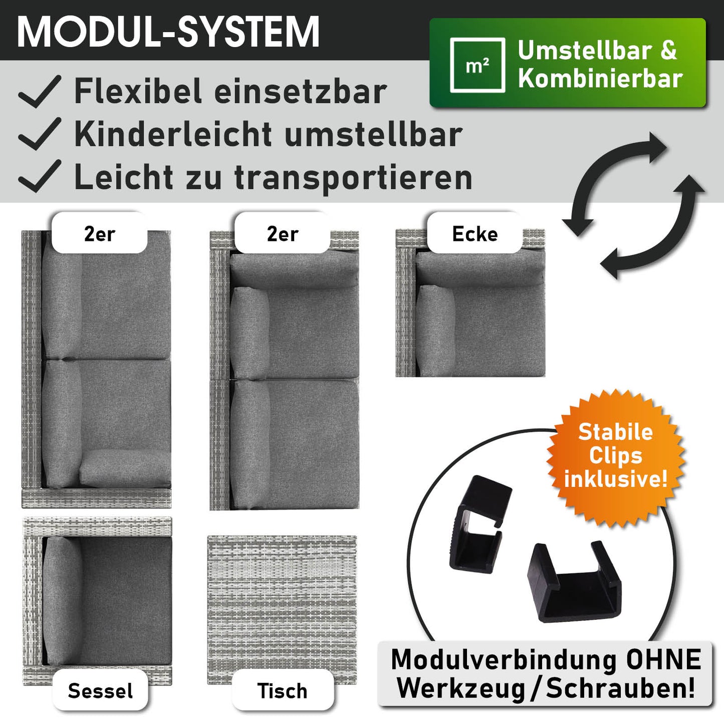 Graues Polyrattan Loungemöbel Set mit flexiblem Modul-System, Lounge Gartenmöbel, Rattan Lounge.