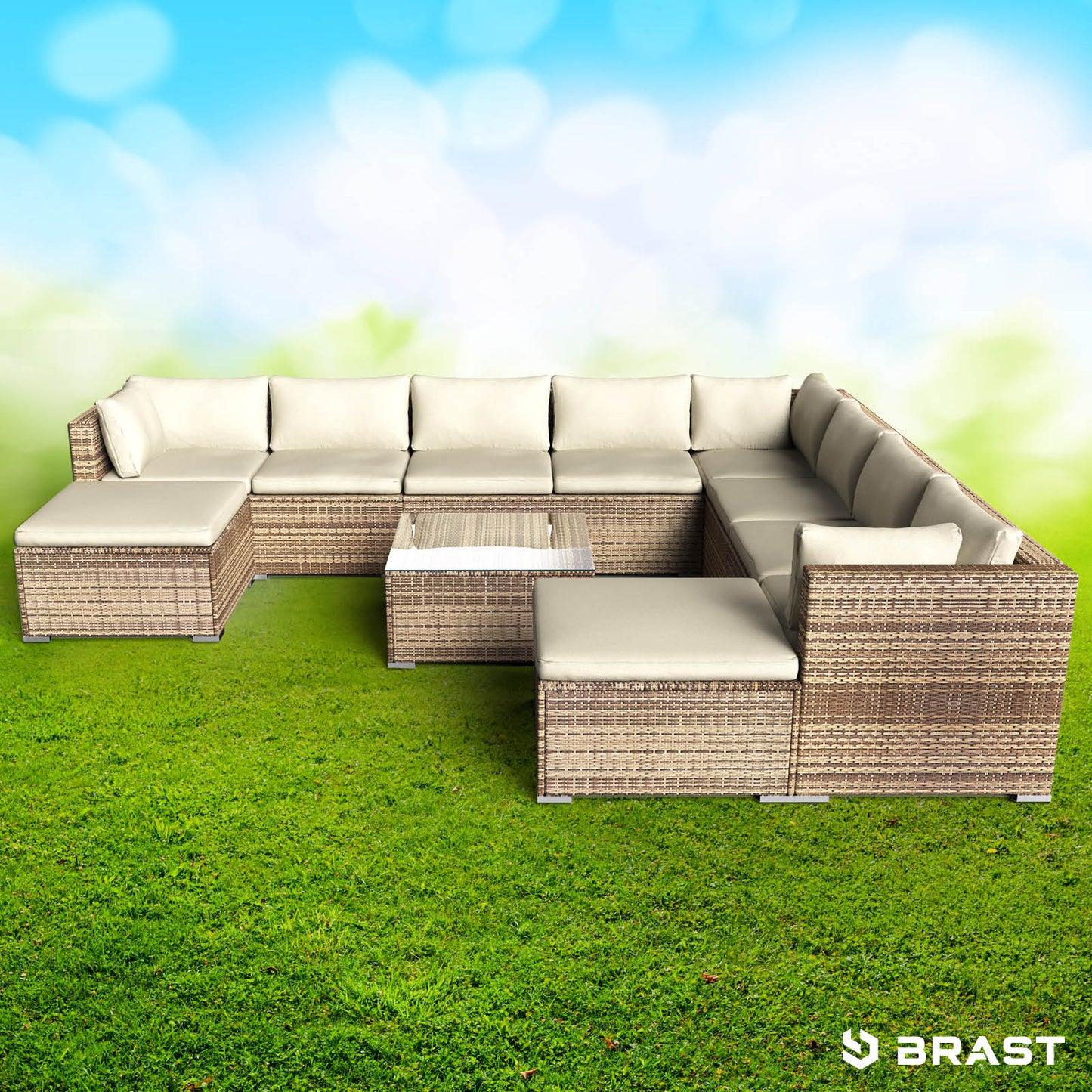 XXL Polyrattan loungemöbel set in Braun mit cremefarbenen Kissen, moderne rattan lounge garten lounge möbel.