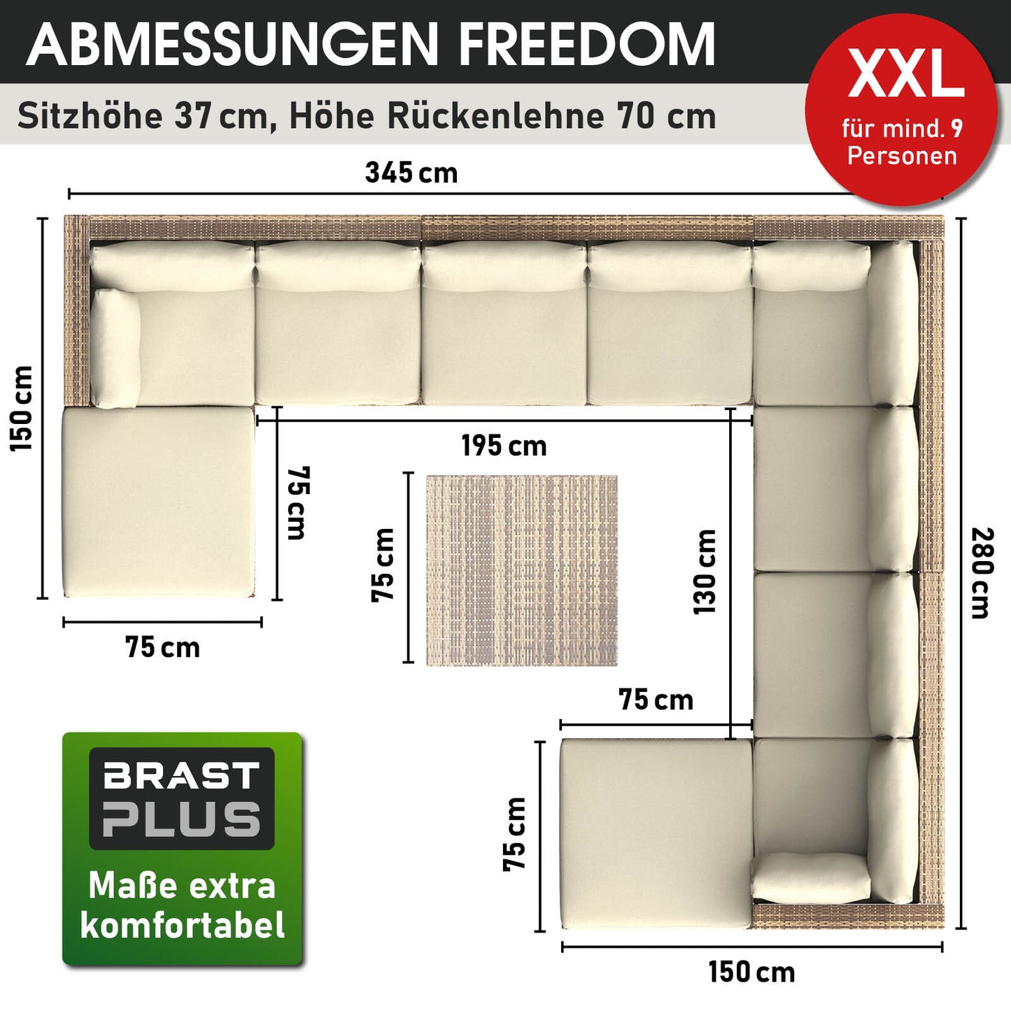 XXL braunes Polyrattan Loungemöbel Set mit großzügigen Sitzflächen und passenden Polstern, Garten Lounge Möbel.