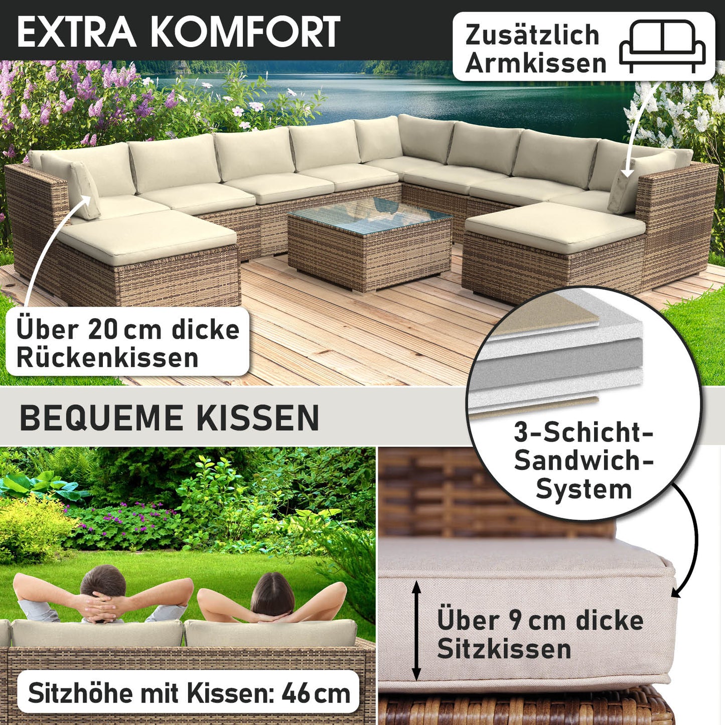XXL braune Polyrattan Garten Lounge mit hellen, dicken Sitz- und Rückenkissen, Loungemöbel Set.