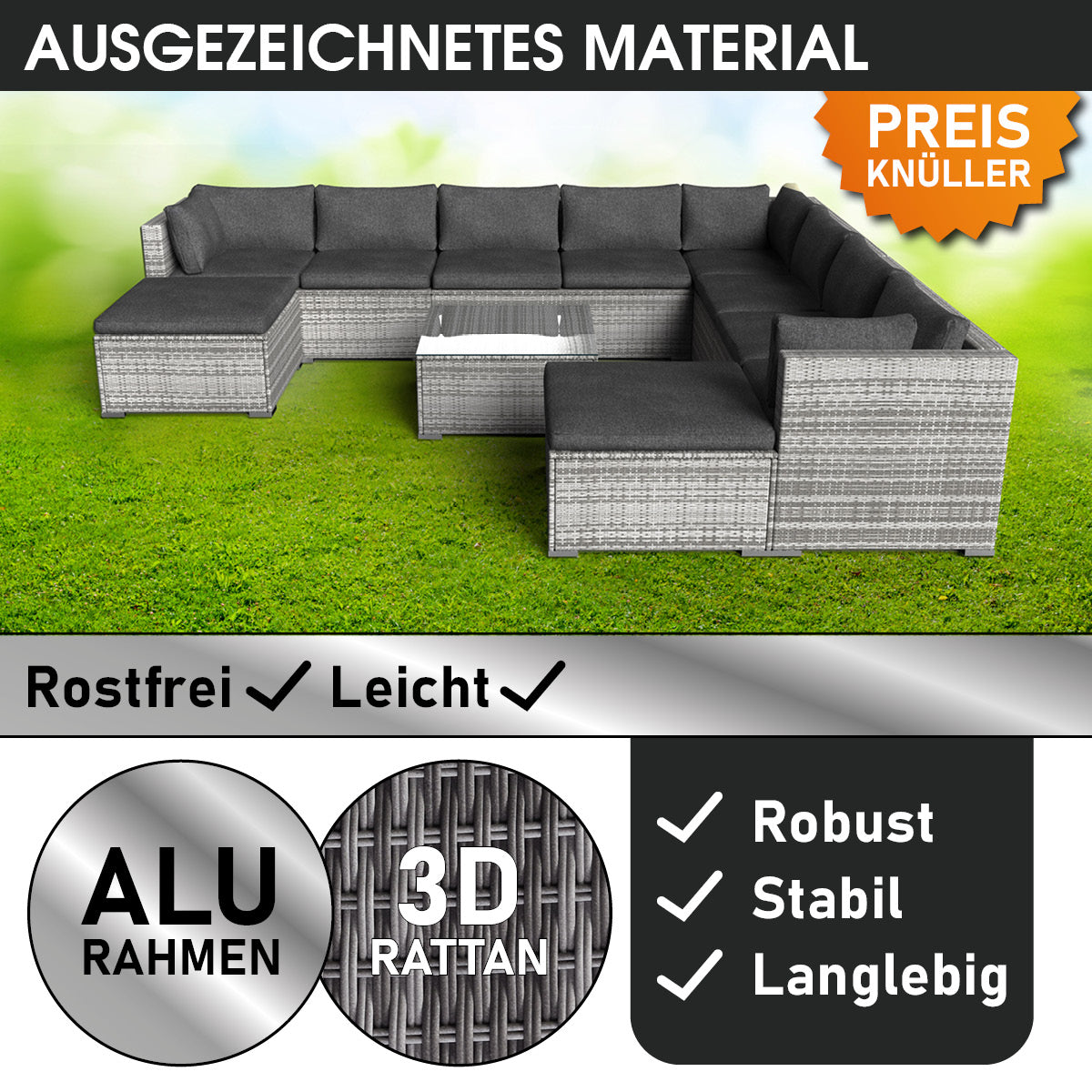 XXL Polyrattan Garten Lounge FREEDOM grau