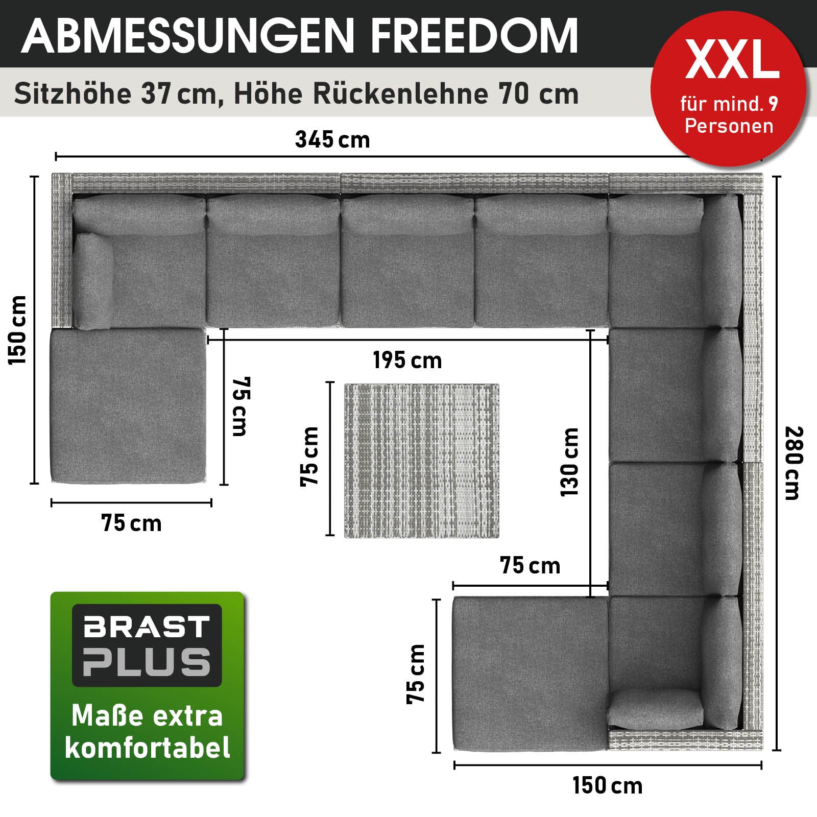 Großes graues XXL Polyrattan Loungemöbel Set mit L-Form und passendem Rattan Lounge Tisch, Garten Lounge Möbel.