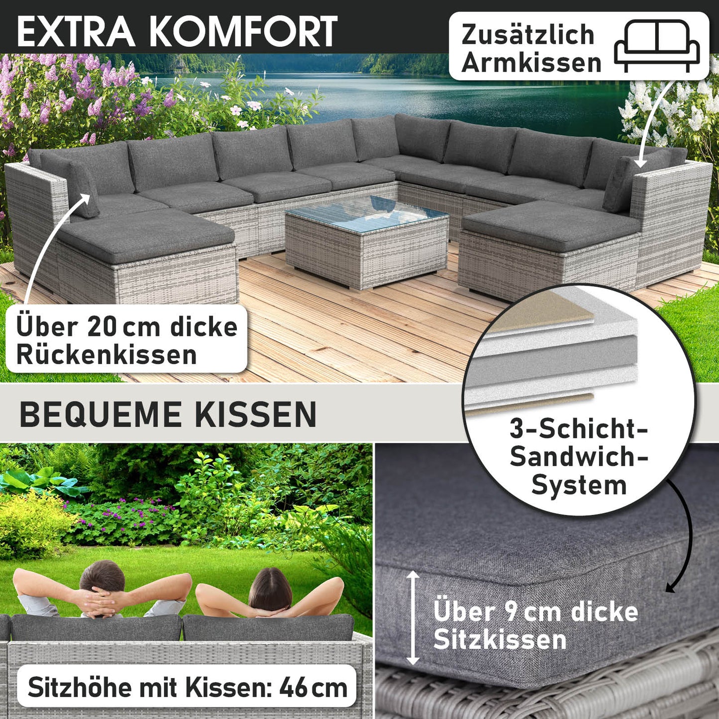 XXL graue Polyrattan Lounge Gartenmöbel mit dicken Rückenkissen und Sitzkissen, Loungemöbel Set.