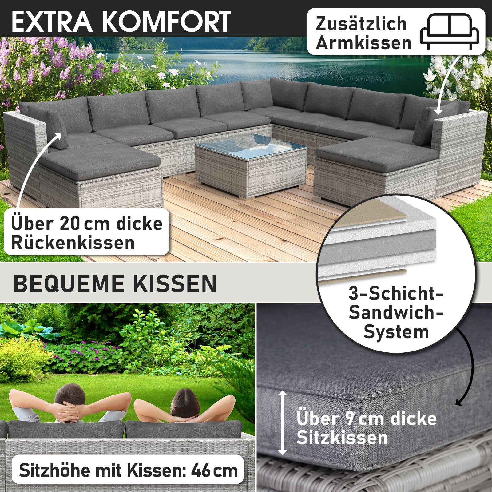 XXL graue Polyrattan Lounge Gartenmöbel mit dicken Rückenkissen und Sitzkissen, Loungemöbel Set.