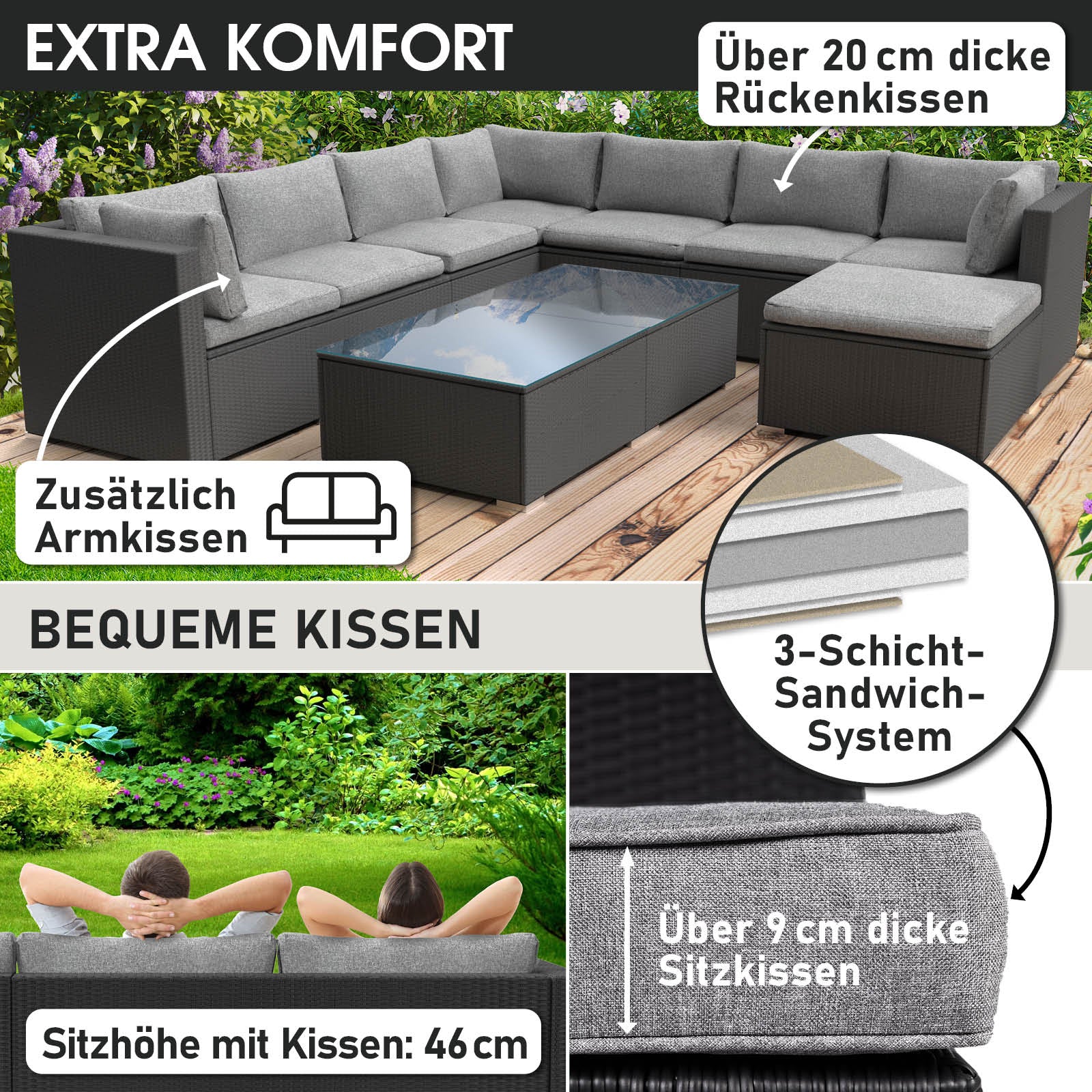 XL schwarzes Polyrattan Loungemöbel Set mit dicken Rückenkissen und Armstützen, Garten Lounge Möbel.