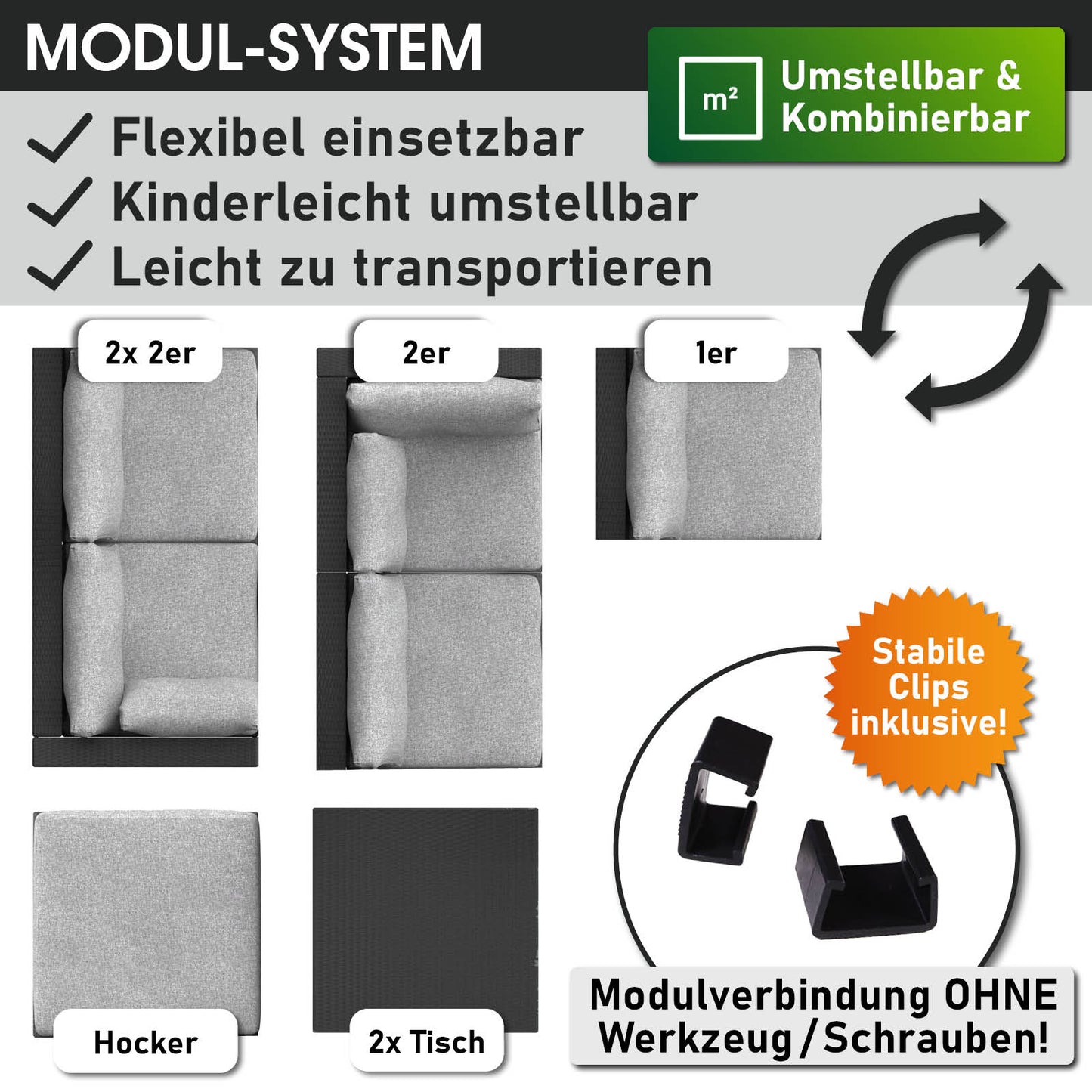 Modulares XL Polyrattan Loungemöbel Set mit grauen Kissen, flexibel als Lounge Gartenmöbel, Rattan Lounge und Loungemöbel.