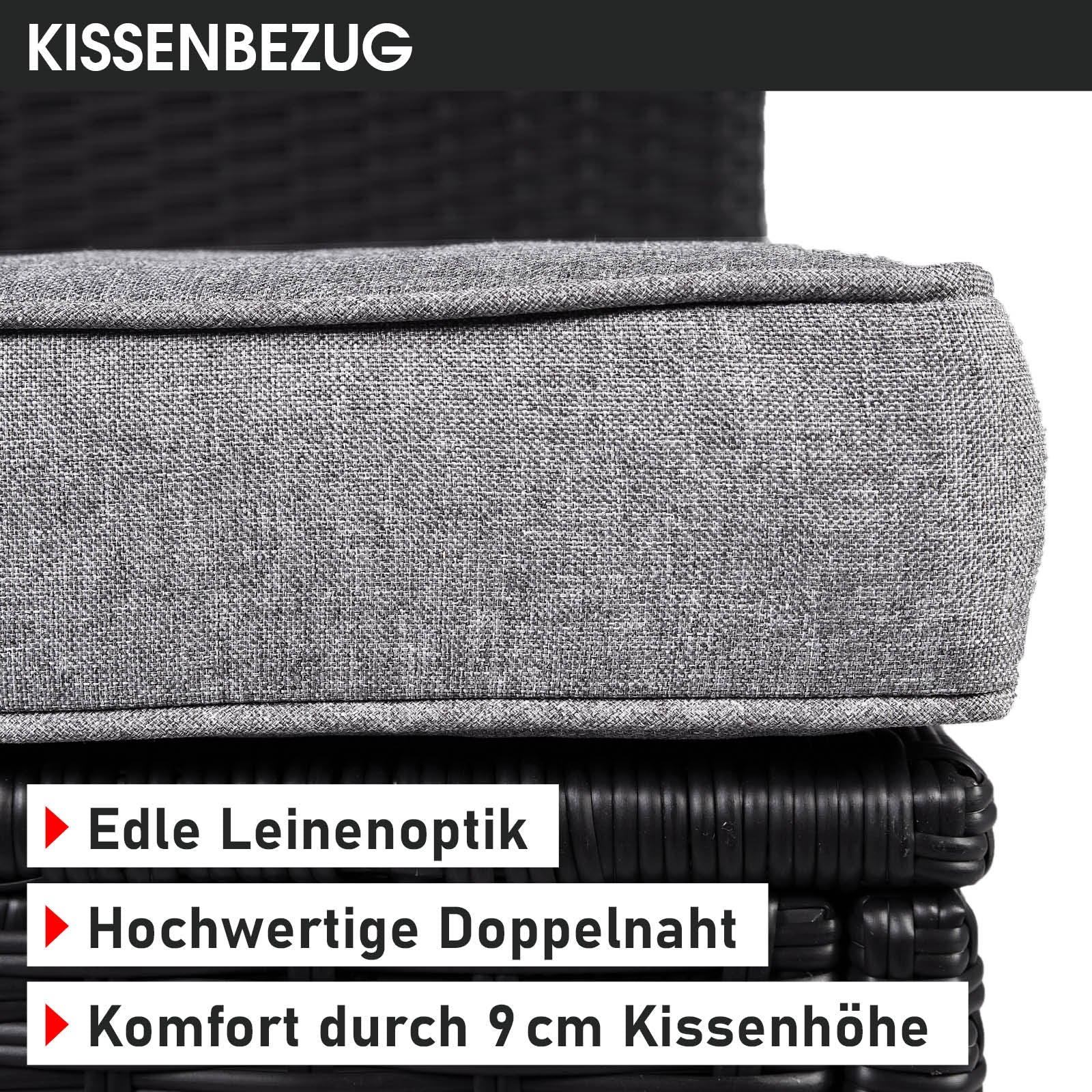 Schwarzes Polyrattan Loungemöbel mit grauem Leinencover und hochwertiger Naht, Lounge Gartenmöbel Set.