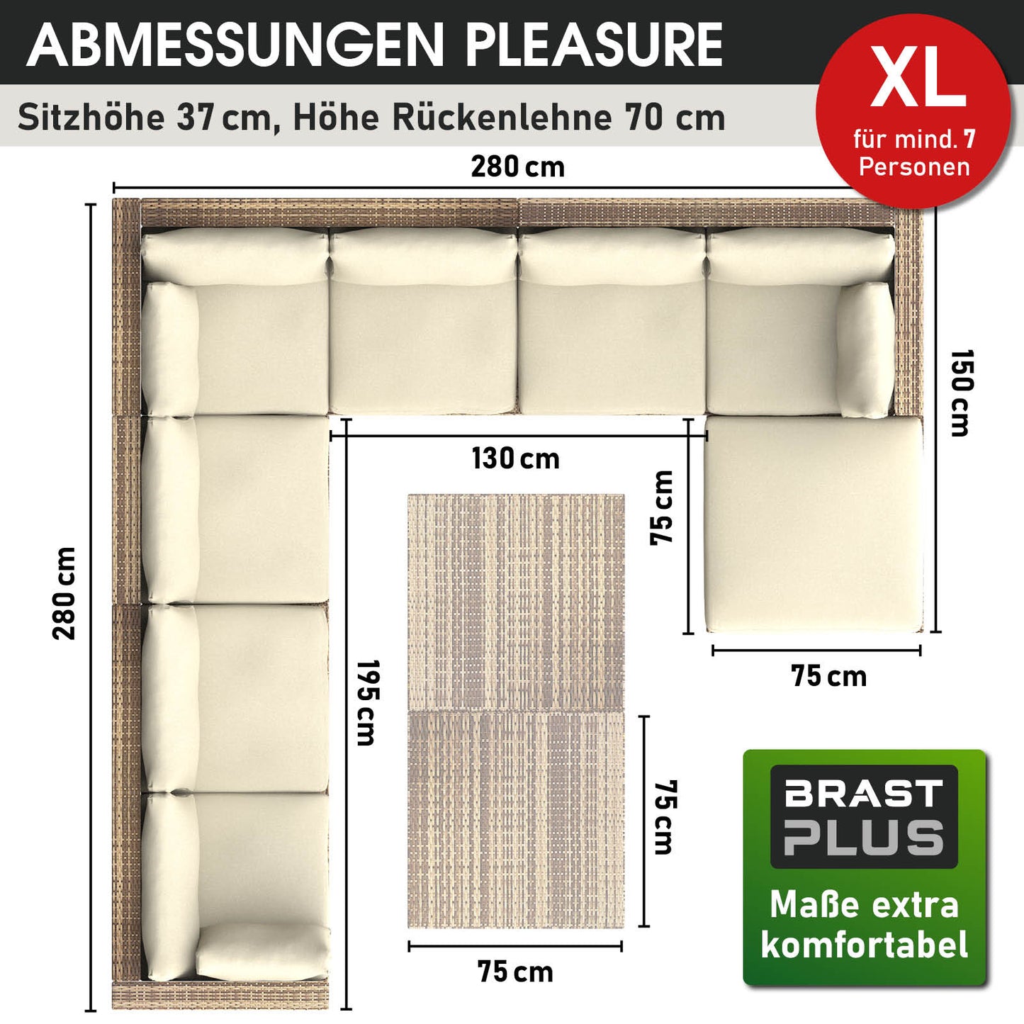Braunes XL Polyrattan Loungemöbel Set mit großzügiger U-Form und Gartentisch, ideal als Lounge Gartenmöbel.
