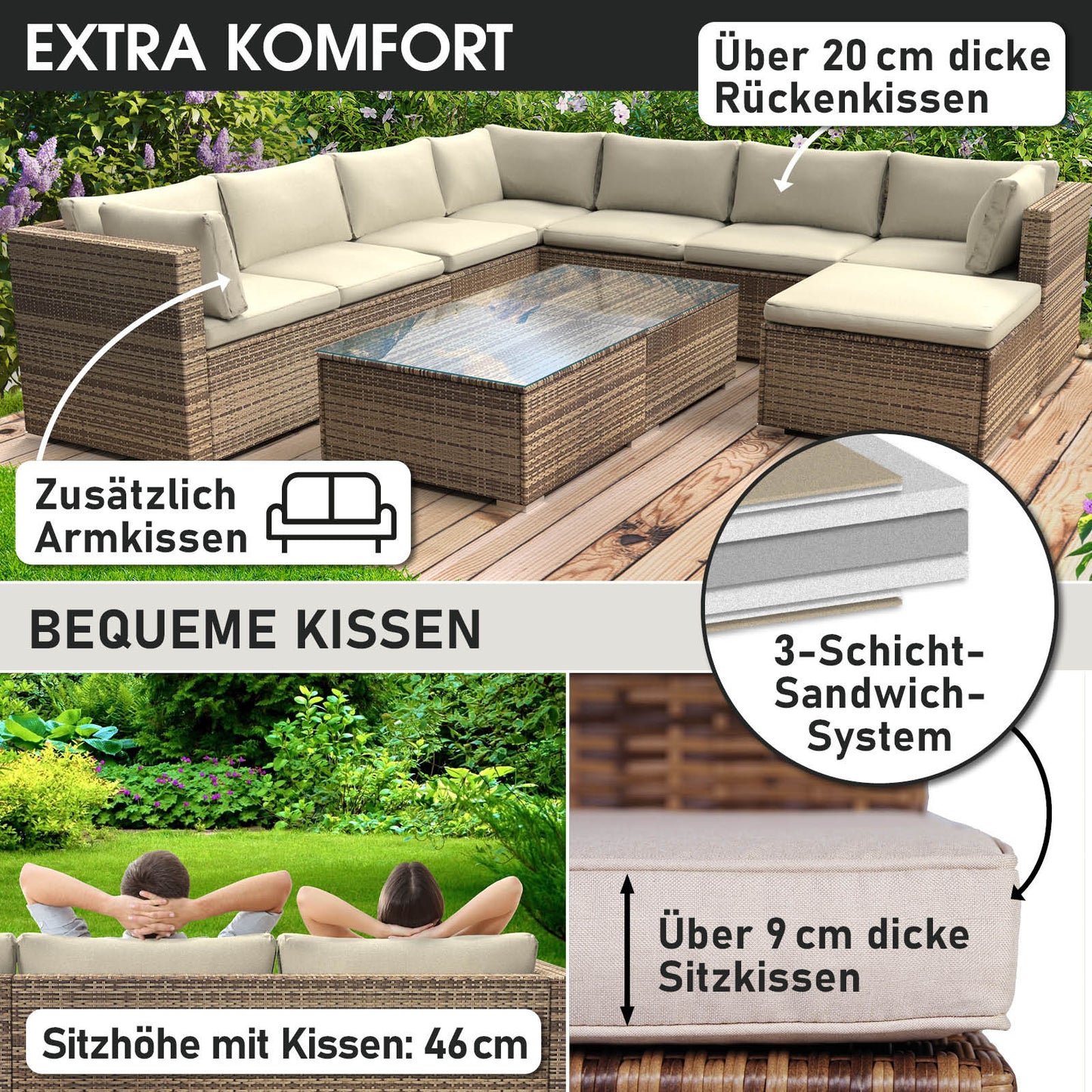 Braunes XL Polyrattan Loungemöbel Set mit dicken Sitz- und Rückenkissen, Garten Lounge Möbel.