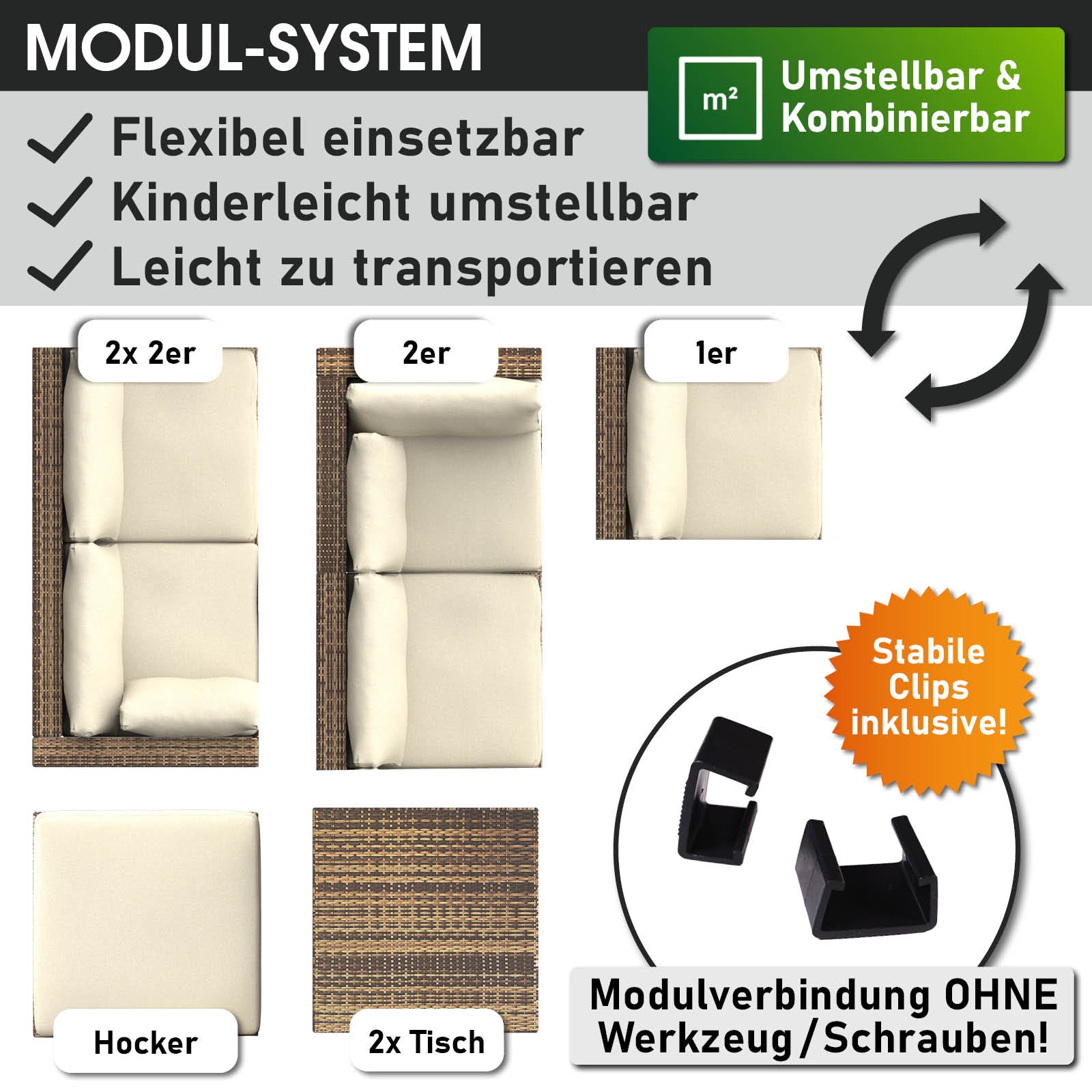 Braunes Polyrattan Loungemöbel Set mit modularen Elementen, cremefarbenen Kissen, Hocker und zwei Tischen, flexibles Lounge.