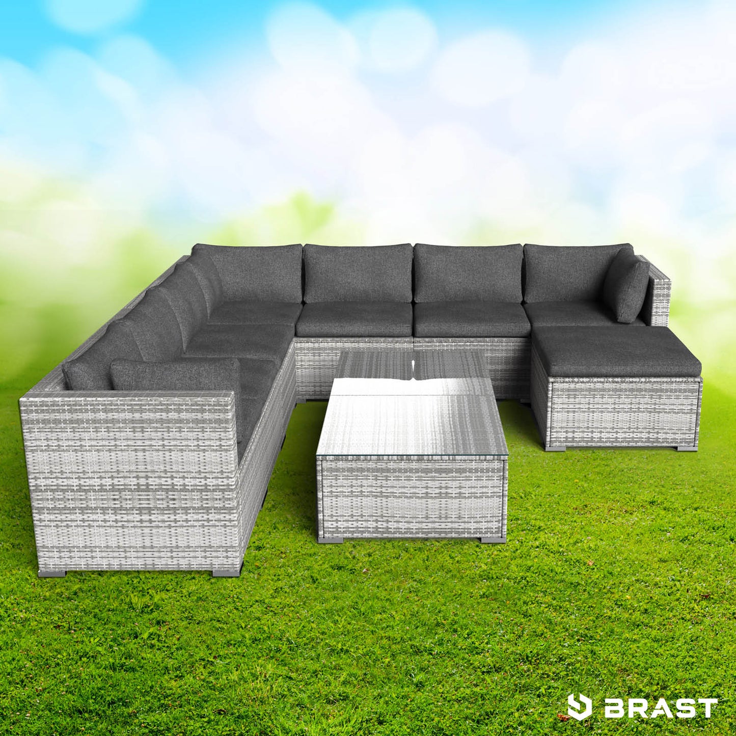 Graues XL Polyrattan Loungemöbel Set mit großzügiger U-Form und quadratischem Tisch, elegante Garten Lounge Möbel.