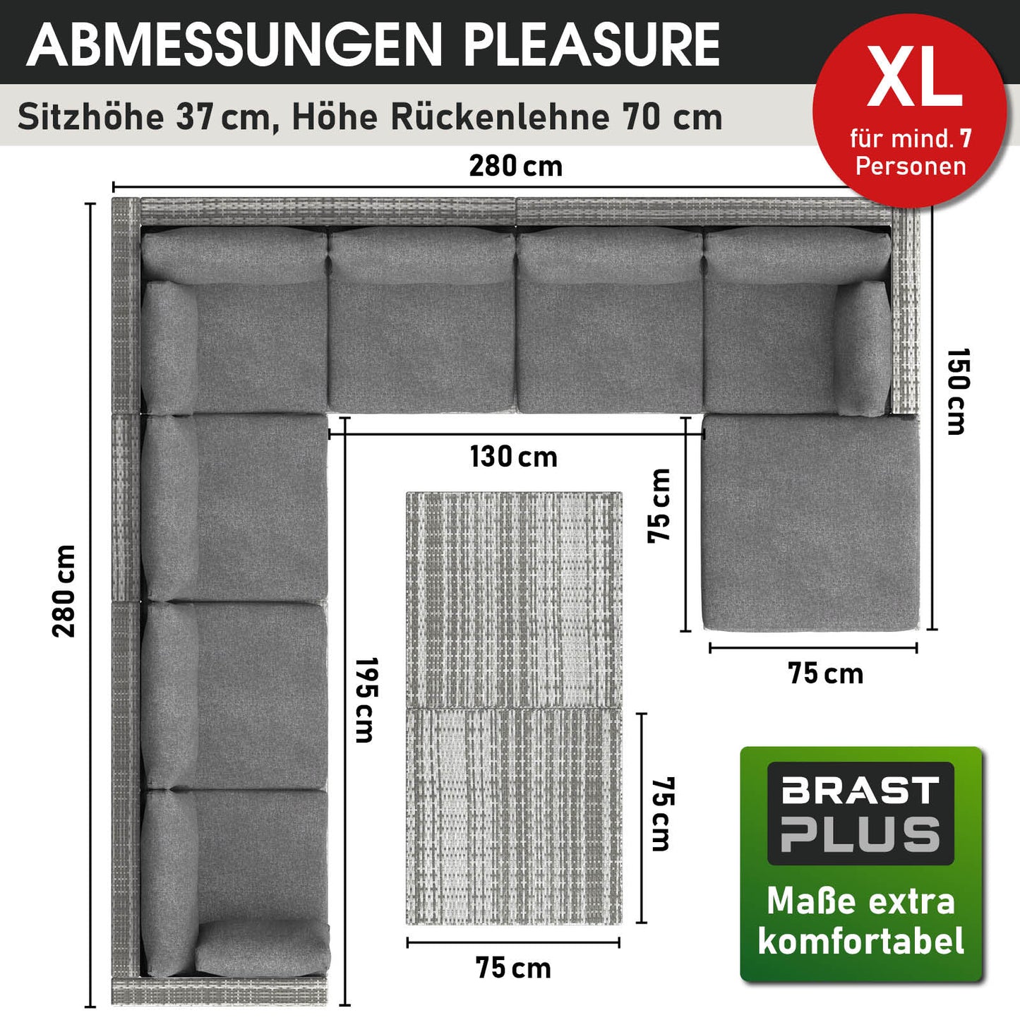 XL graues Polyrattan Loungemöbel Set mit großzügiger L-Form und passendem Tisch, lounge gartenmöbel.