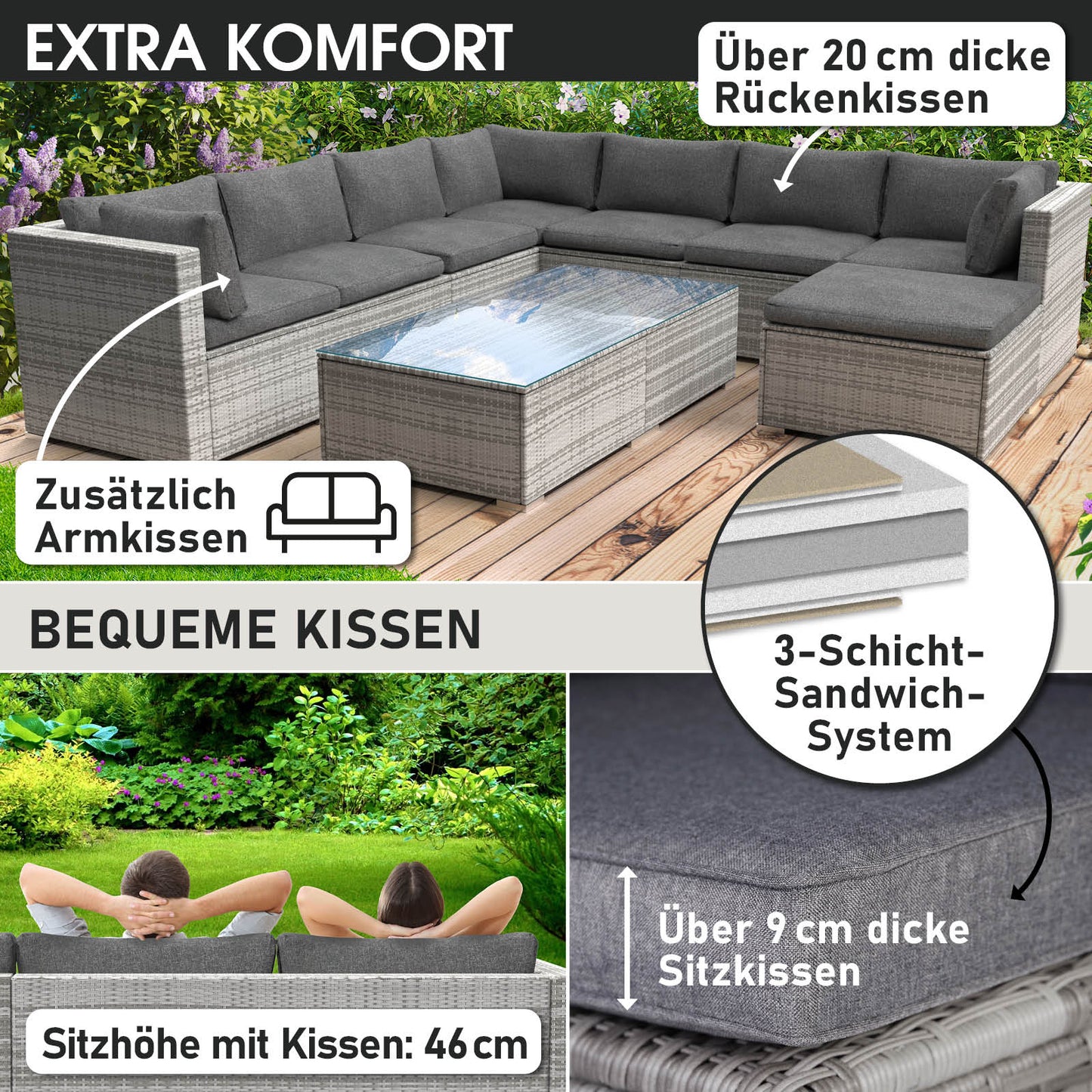 Grau XL Polyrattan Loungemöbel Set mit dicken Sitz- und Rückenkissen, Lounge Gartenmöbel mit Glas-Couchtisch.