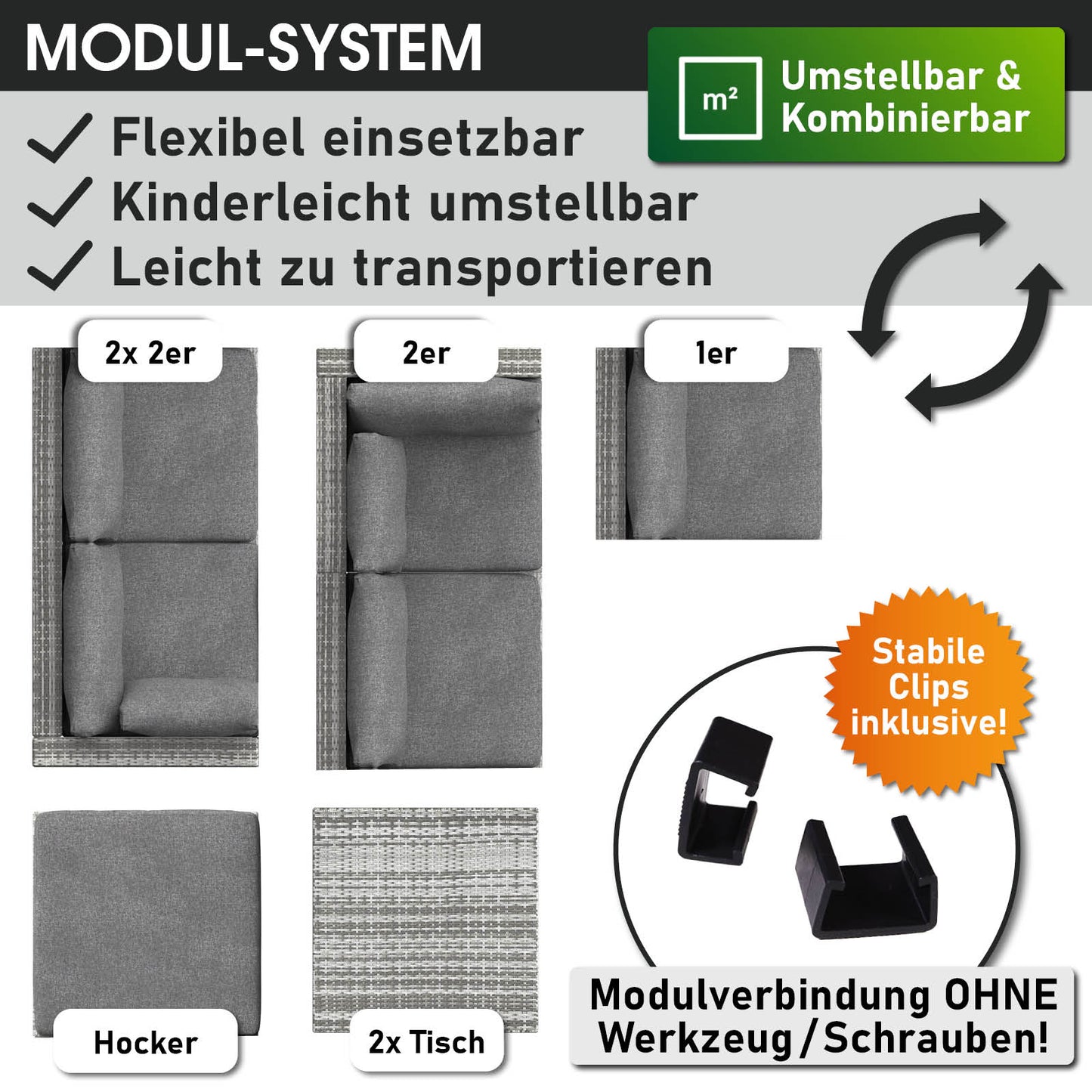 Modulare graue Loungemöbel aus Polyrattan mit Clips, zwei Sesseln, Hocker und zwei Tischen, lounge gartenmöbel set.