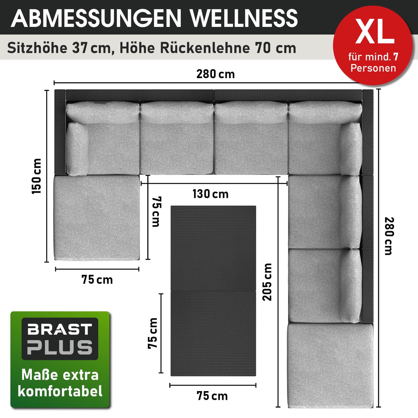 Schwarzes XL Poly Rattan Loungemöbel Set mit großzügiger U-Form, inklusive Esstisch, lounge gartenmöbel, rattan lounge,.