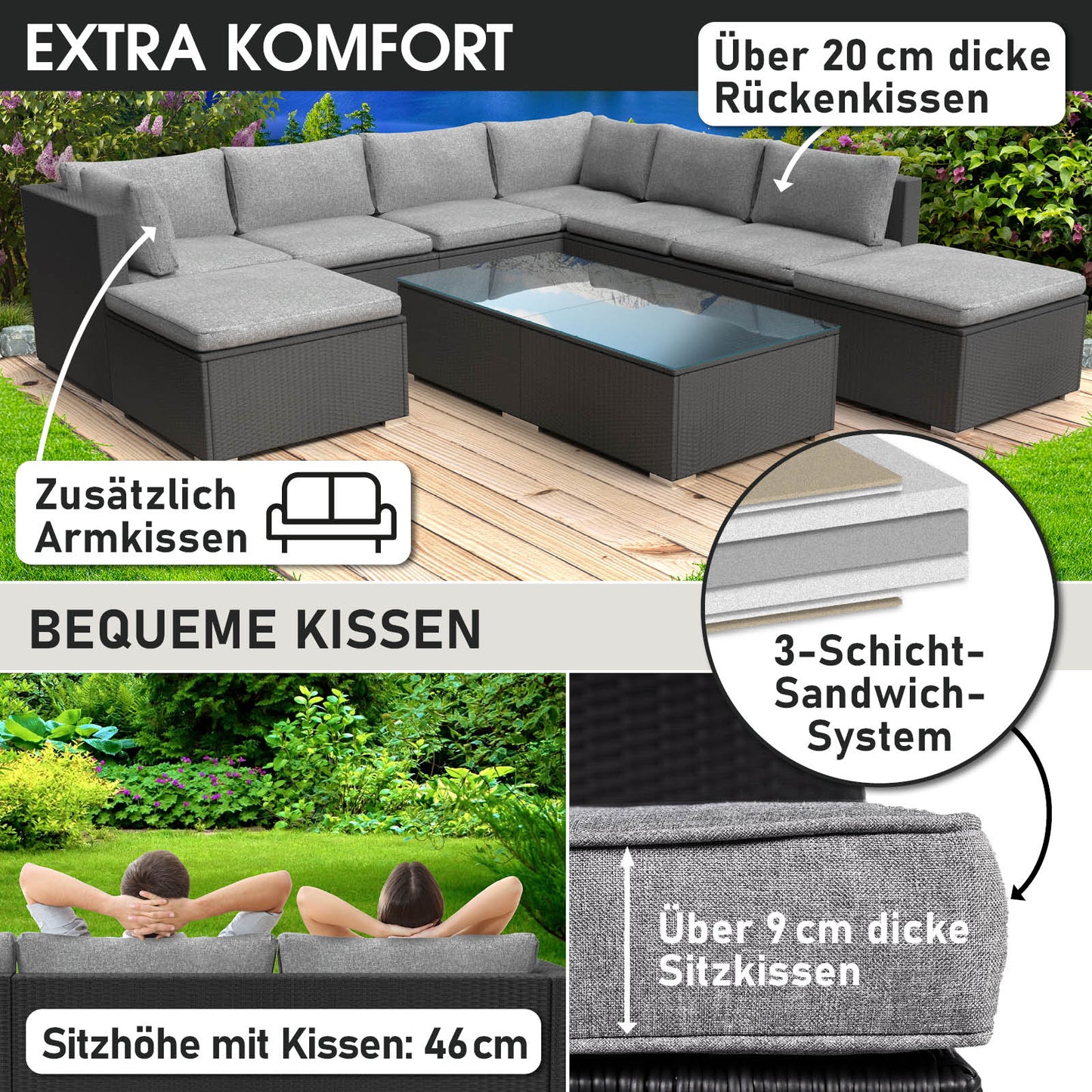 Schwarzes XL Polyrattan Loungemöbel Set mit dick gepolsterten Sitz- und Rückenkissen, Lounge Gartenmöbel mit zusätzlichem.