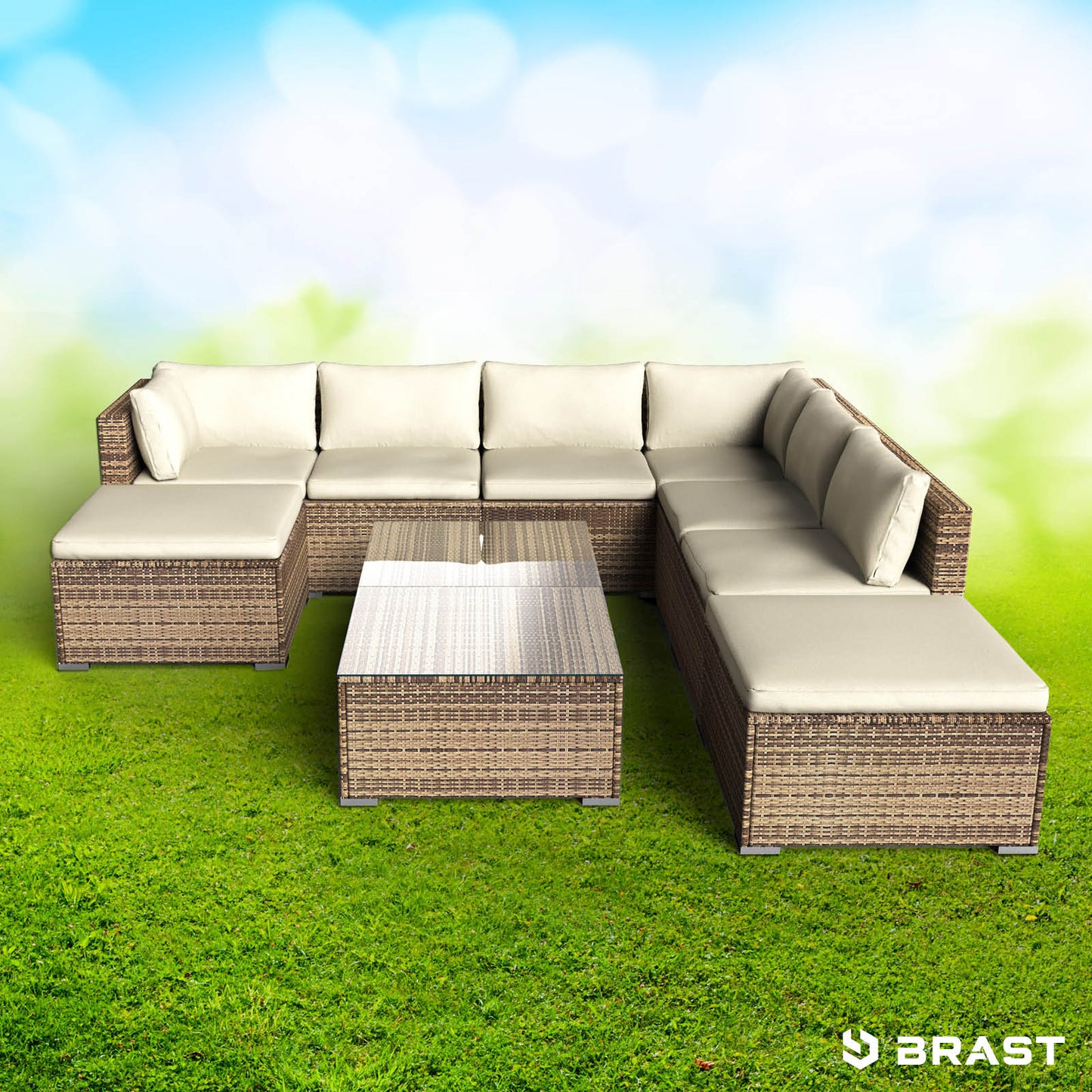 Braunes XL Poly Rattan Loungemöbel Set mit cremefarbenen Kissen für Garten Lounge Möbel.