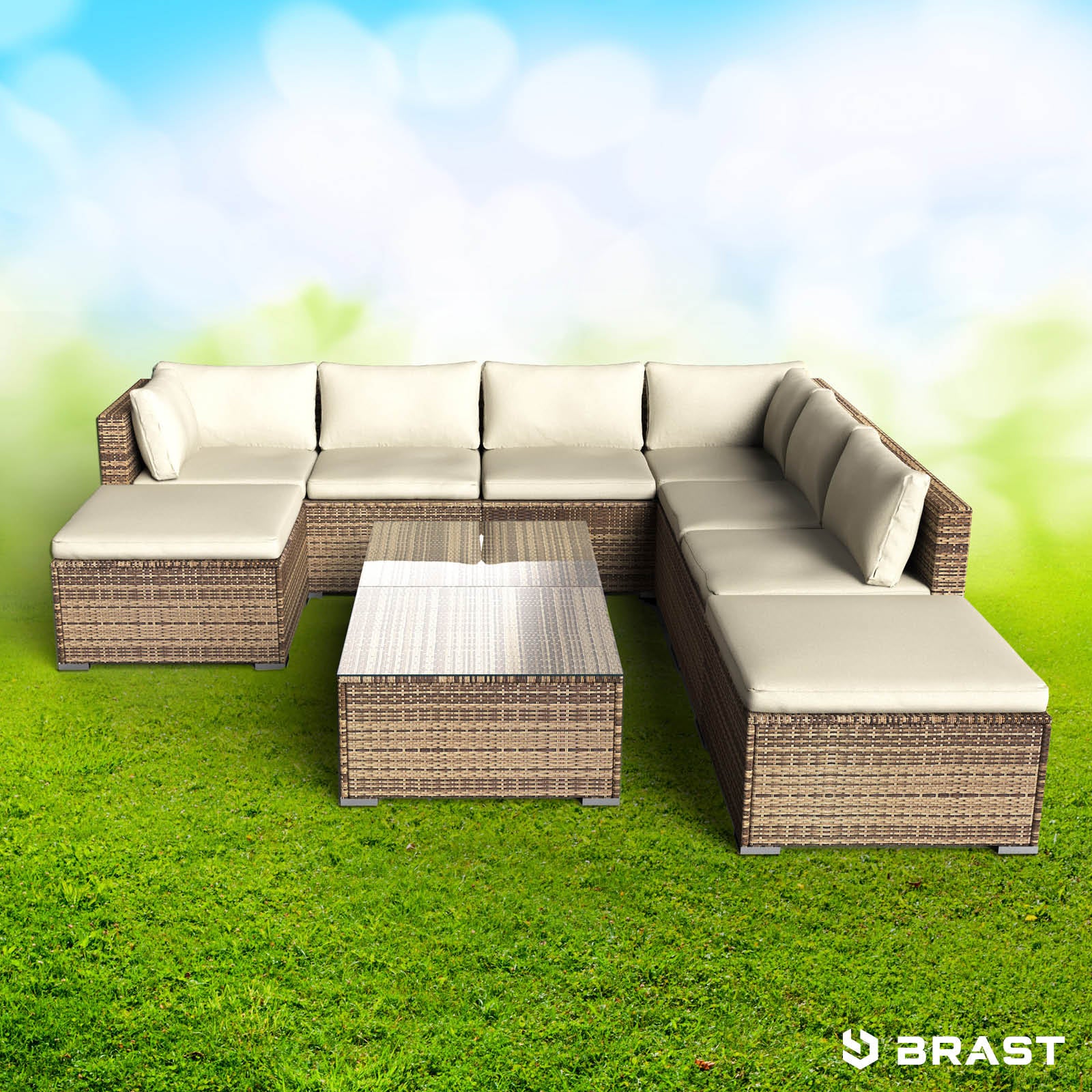 Braunes XL Poly Rattan Loungemöbel Set mit cremefarbenen Kissen für Garten Lounge Möbel.