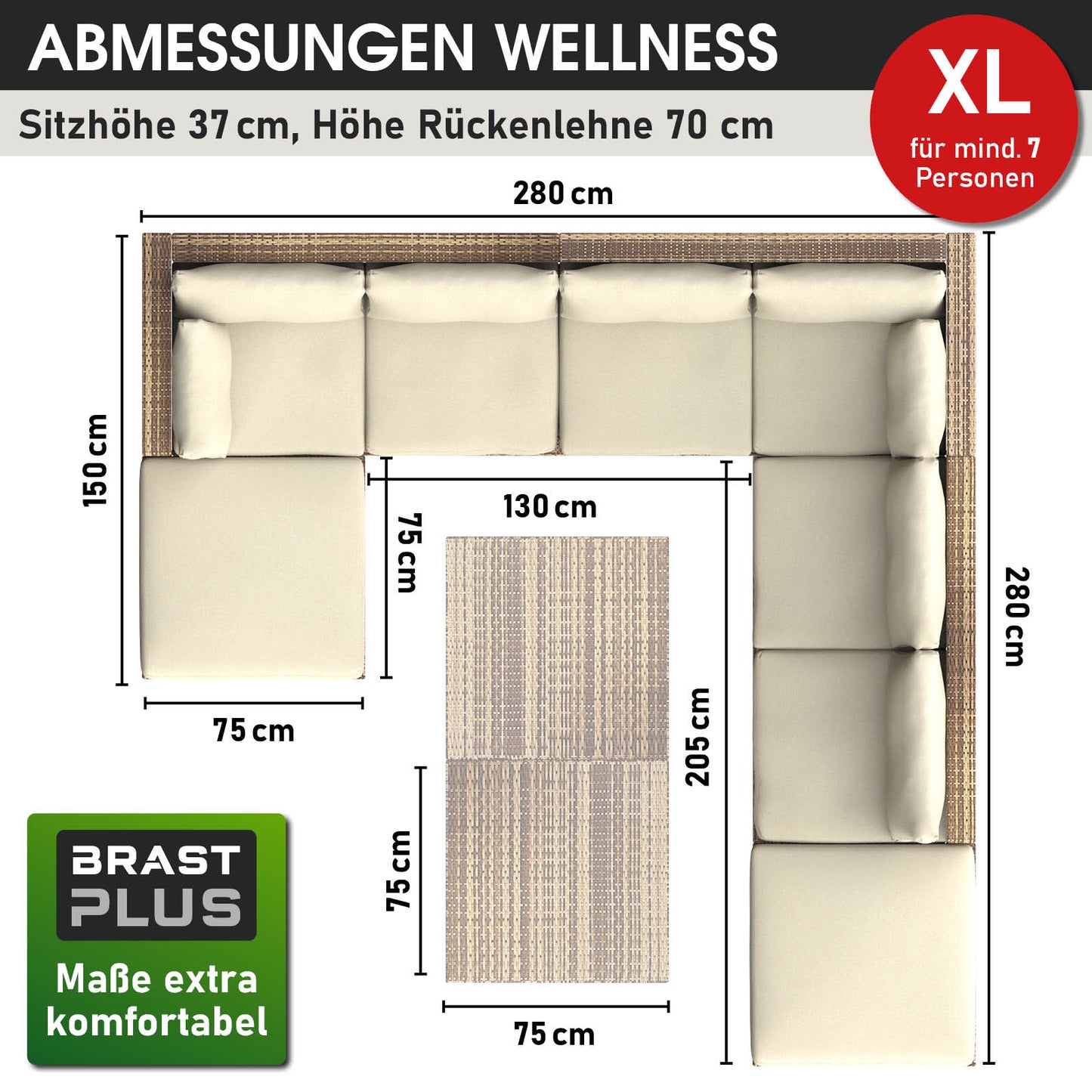 Braunes XL Poly Rattan Loungemöbel Set mit großen Sitzflächen, Kissen und Tisch, lounge gartenmöbel.