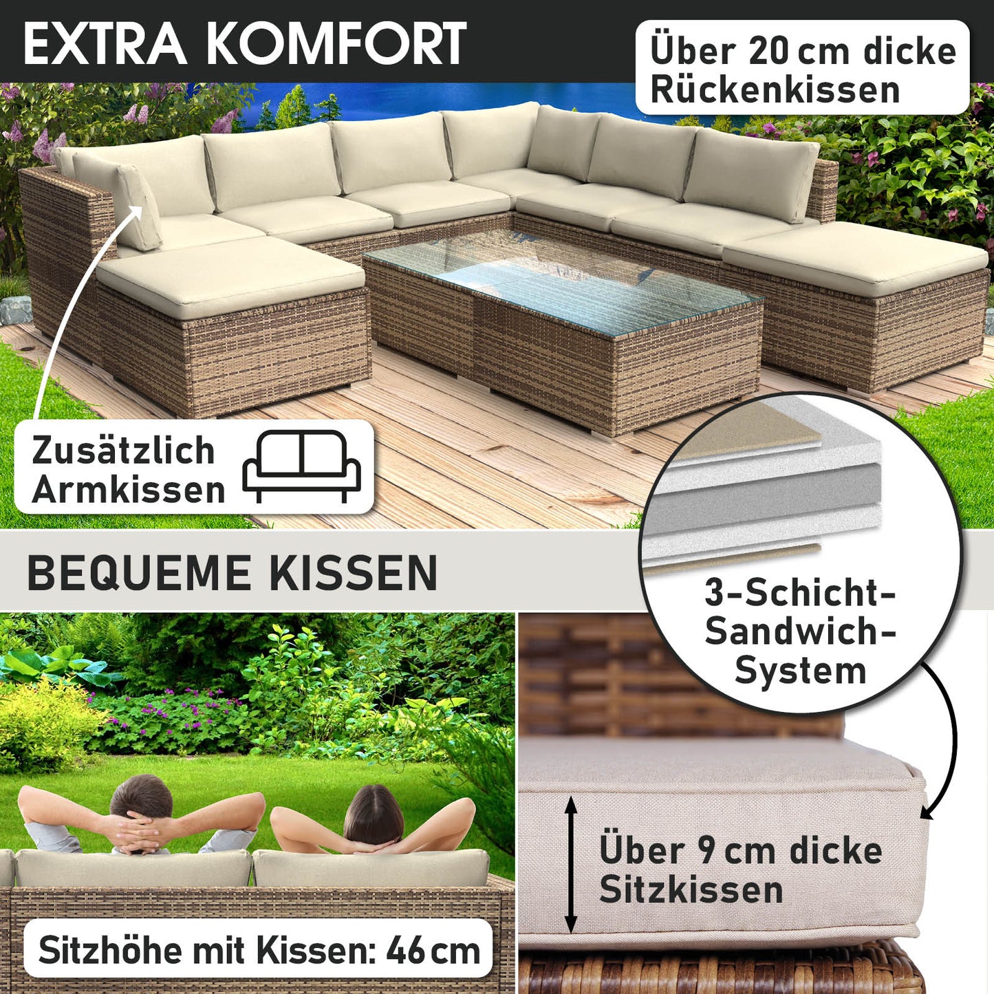 Braunes XL Polyrattan Loungemöbel Set mit 20 cm Rückenkissen und 9 cm Sitzkissen, Garten Lounge Möbel.