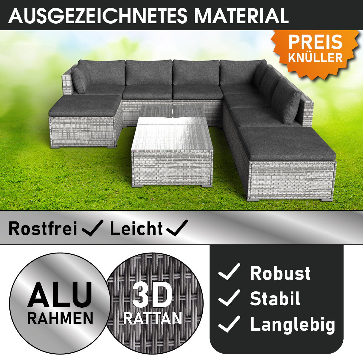 XL Poly Rattan Garten Lounge WELLNESS grau