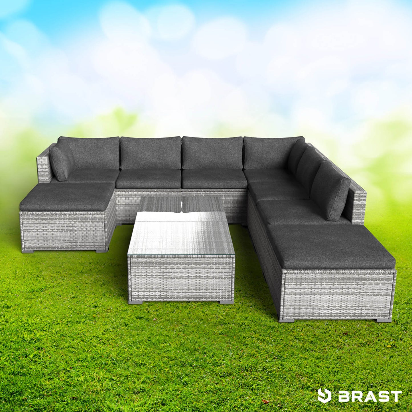 Grau meliertes XL Polyrattan Lounge Gartenmöbel Set mit dunkelgrauen Polstern und weißem Glas-Tisch, Loungemöbel für Garten.