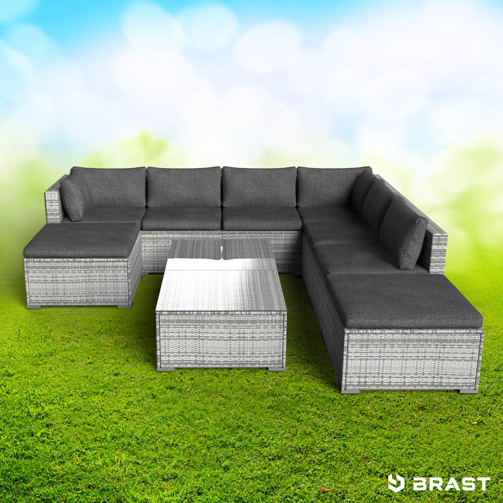 Grau meliertes XL Polyrattan Lounge Gartenmöbel Set mit dunkelgrauen Polstern und weißem Glas-Tisch, Loungemöbel für Garten.