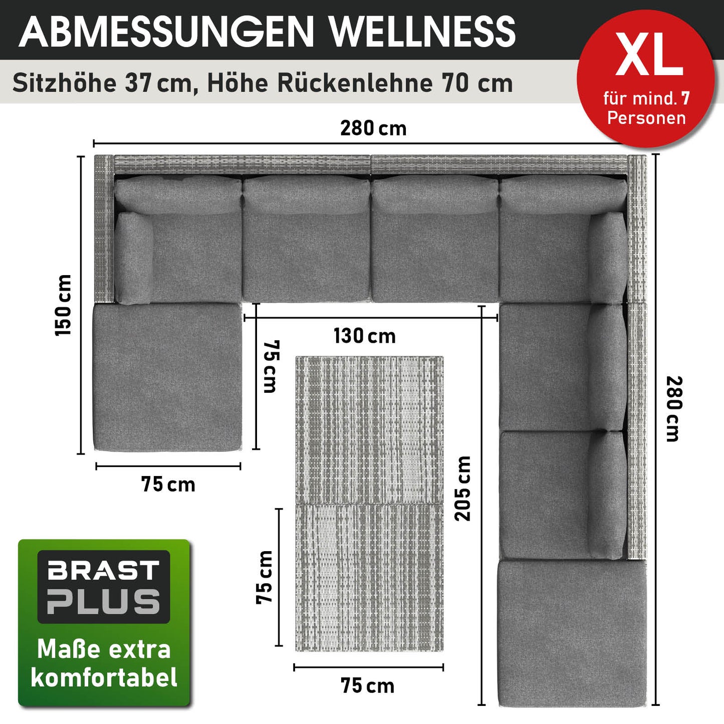 Graues XL Polyrattan Loungemöbel Set mit L-Form, gepolstert, für Garten Lounge Möbel.