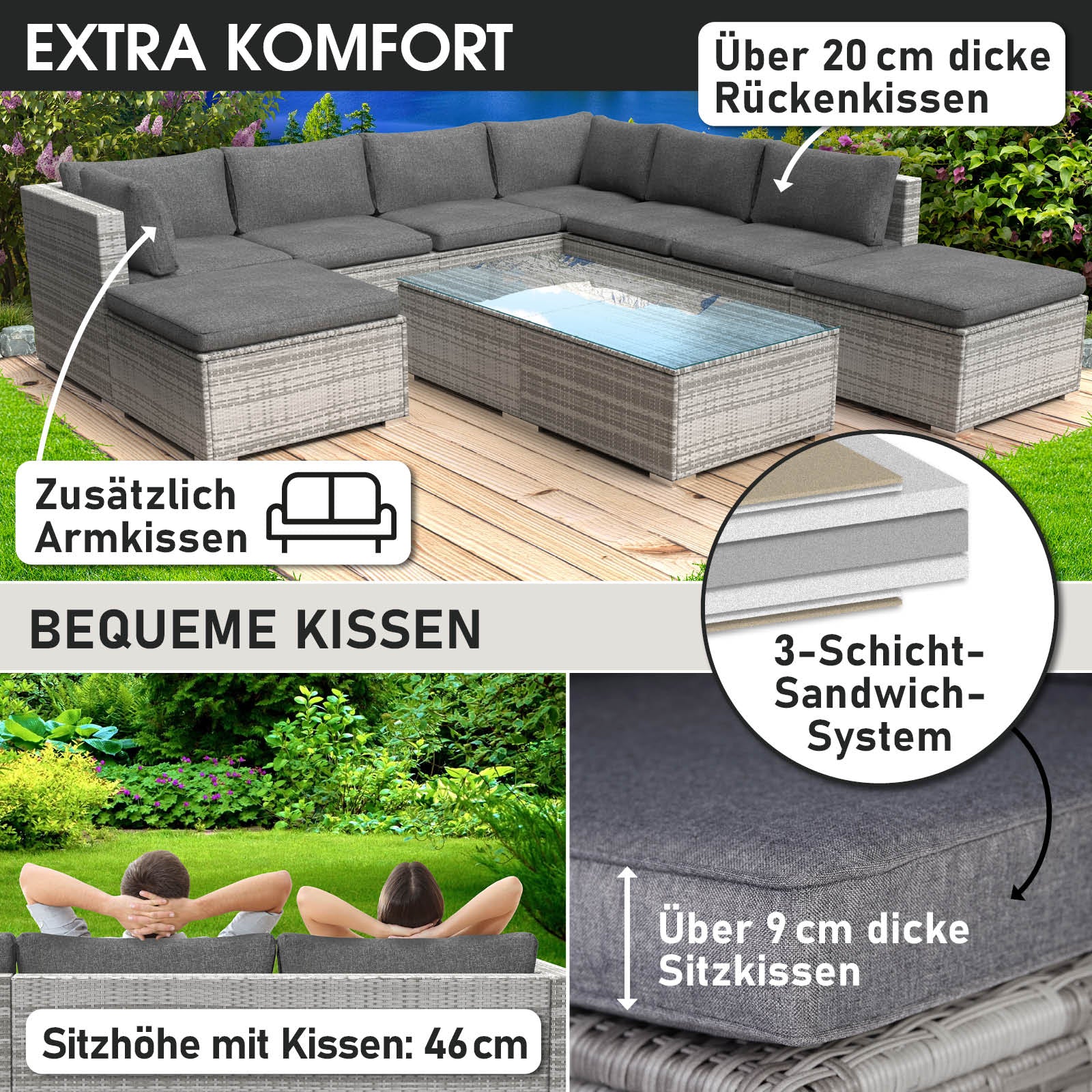 XL Poly Rattan Lounge Gartenset in Grau mit dick gepolsterten Sitz- und Rückenkissen, Loungemöbel Set.