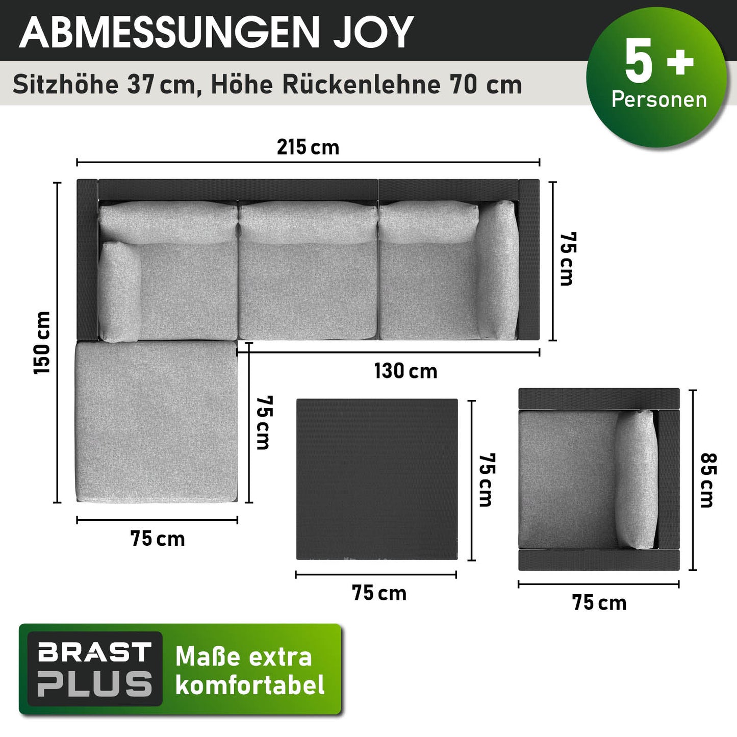 Schwarzes Rattan Lounge Gartenmöbel Set JOY mit Ecksofa und Polyrattan Loungemöbel für 5+ Personen.
