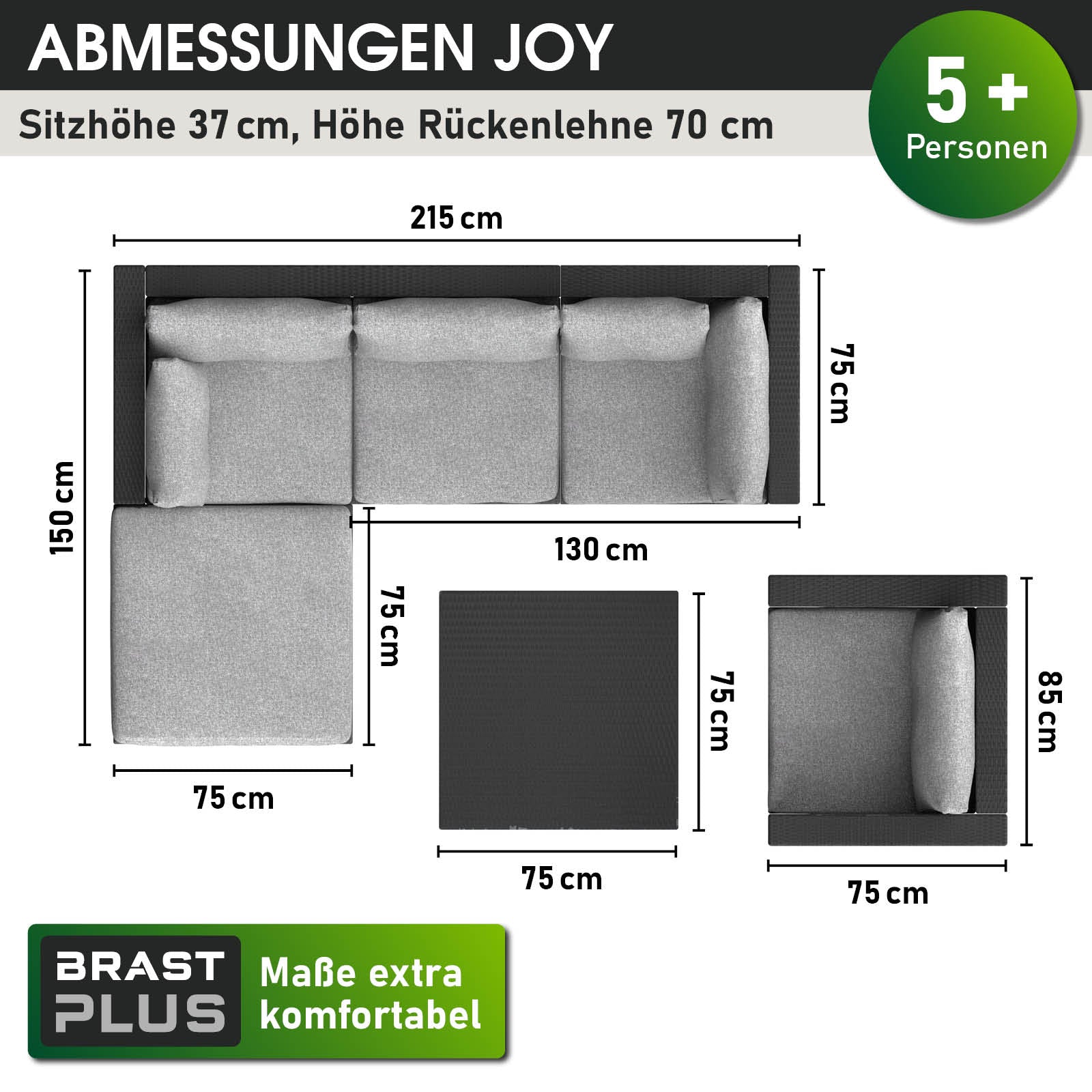 Schwarzes Rattan Lounge Gartenmöbel Set JOY mit Ecksofa und Polyrattan Loungemöbel für 5+ Personen.