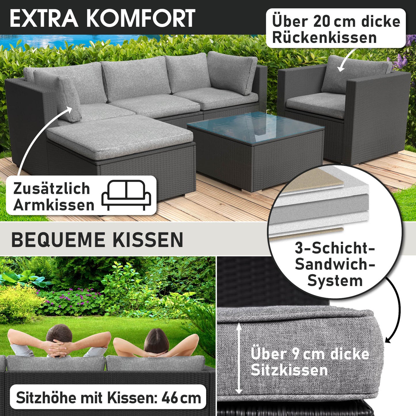 Schwarzes Rattan Lounge Gartenmöbel Set mit grauen, komfortablen Kissen, Loungemöbel Set für Garten.