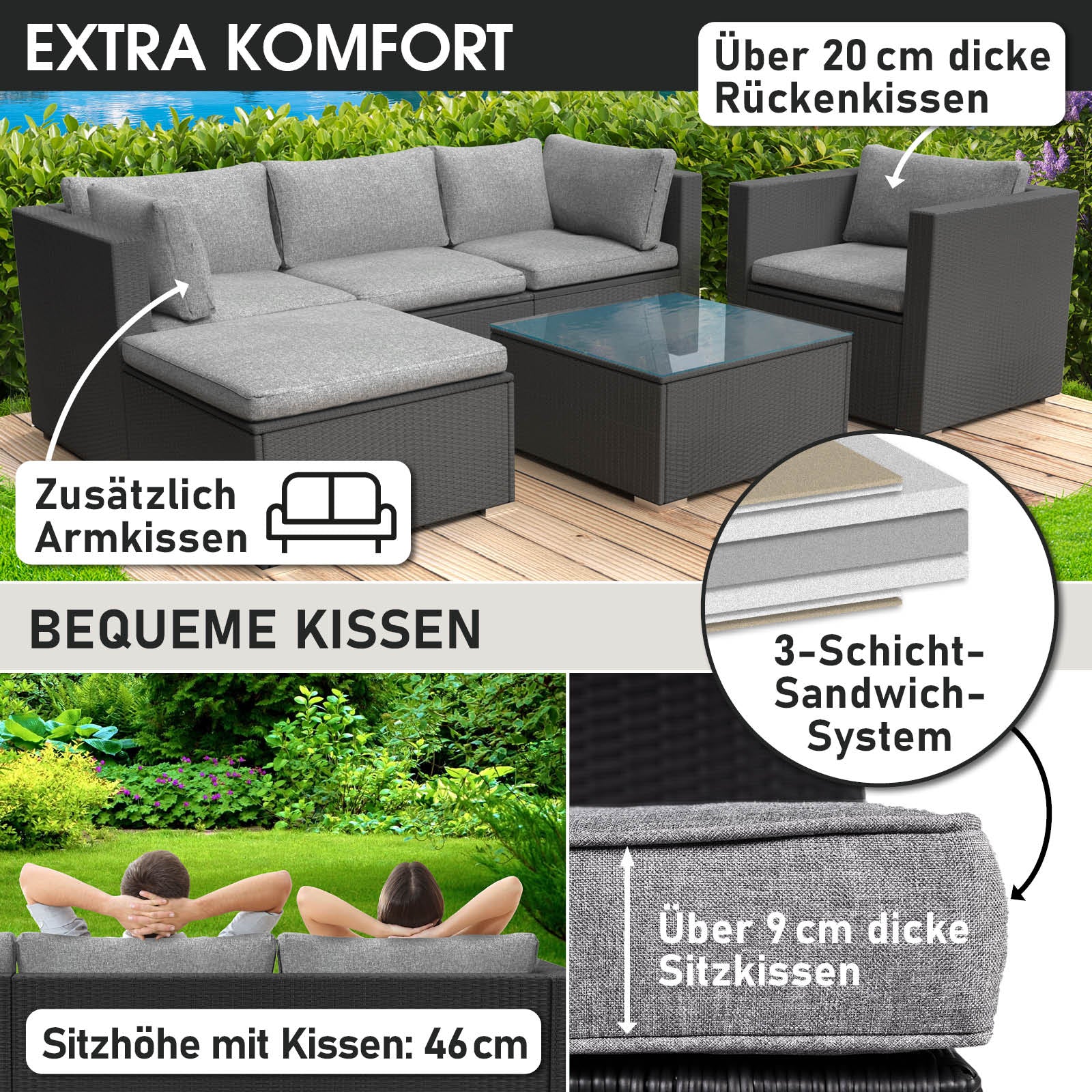 Schwarzes Rattan Lounge Gartenmöbel Set mit grauen, komfortablen Kissen, Loungemöbel Set für Garten.