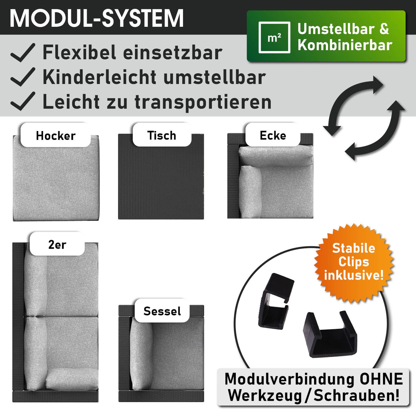 Modulares schwarzes Rattan Lounge Gartenmöbel Set mit flexiblen Lounge Polyrattan Elementen, inklusive Tisch und Sesseln,.