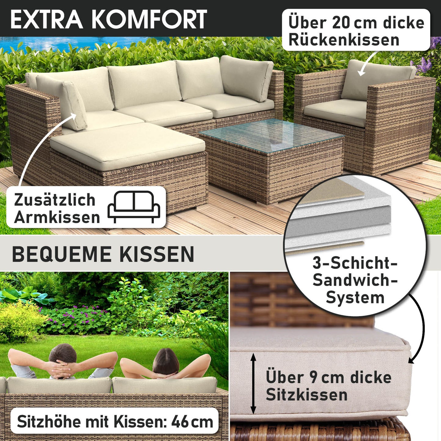 Braunes Rattan Lounge Gartenmöbel Set mit hellen Polstern, 3-Sicht-Sandwich-Sitzkissen, Loungemöbel Set für Garten.