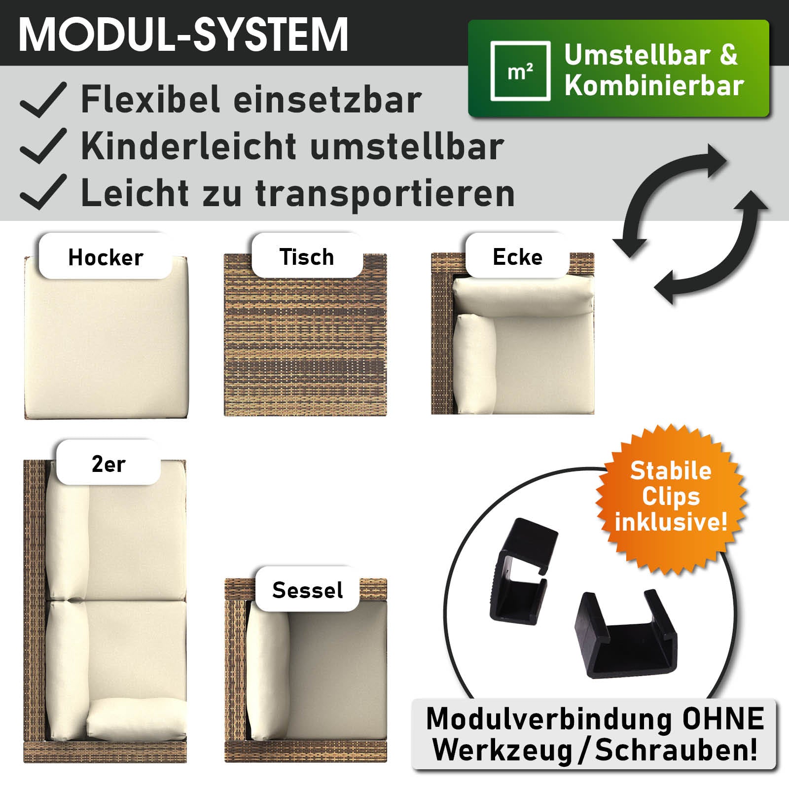 Braunes Rattan Lounge Gartenset mit Polyrattan Loungemöbeln, verstellbarem Modul-System und flexiblem Design.