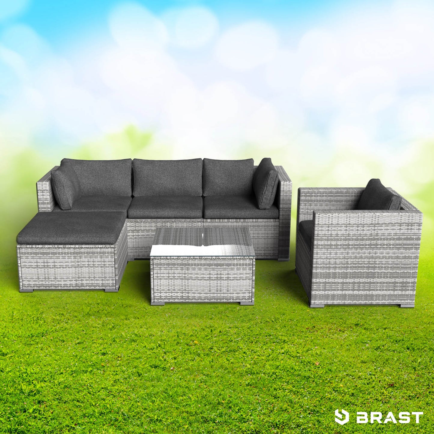 Graues Rattan Lounge Gartenmöbel Set mit grauen Polstern, inkl. Sofa, Sessel und Tisch, Loungemöbel Set für Garten.