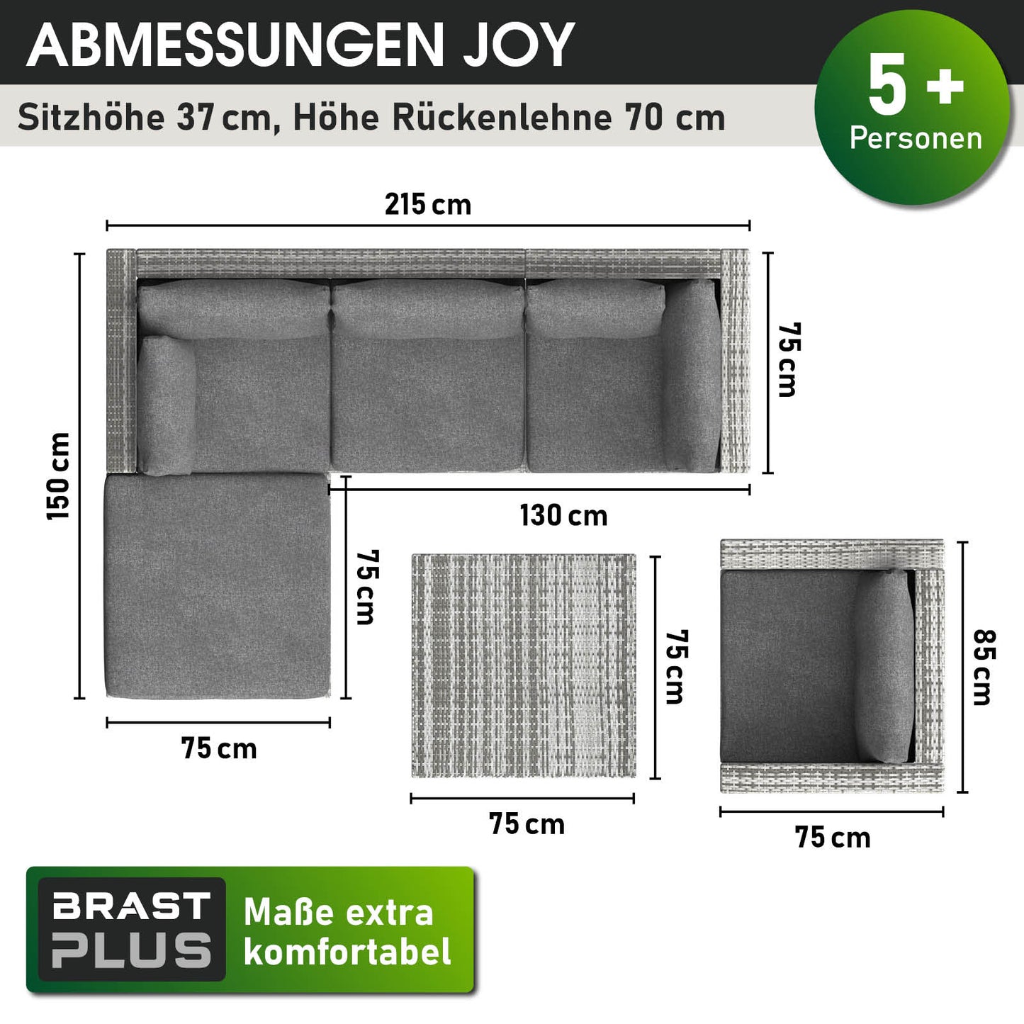 Grau Rattan Lounge Gartenmöbel Set JOY mit Ecksofa und zwei Sesseln, Loungemöbel Set für 5+ Personen.