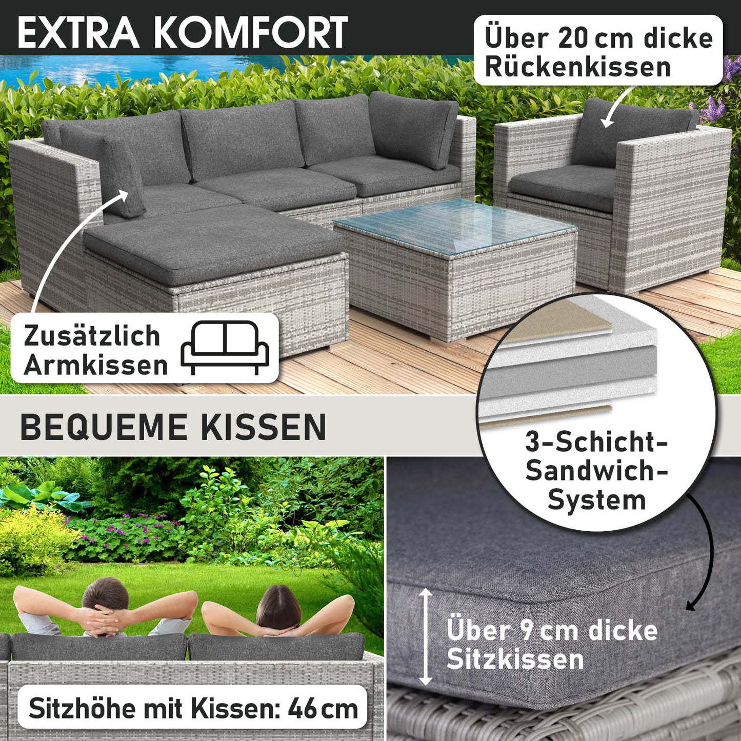 Graues Rattan Lounge Gartenmöbel Set mit dicken Sitz- und Rückenkissen, Loungemöbel Set für Komfort.