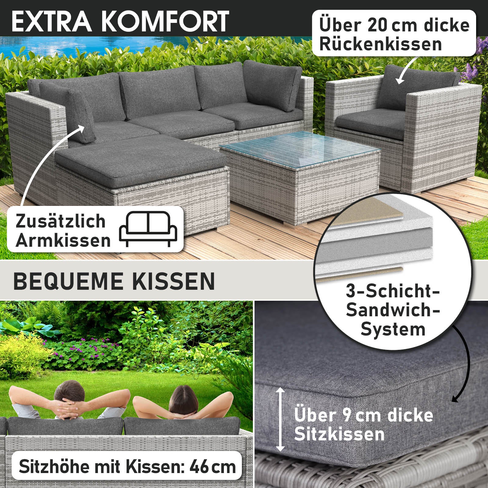 Graues Rattan Lounge Gartenmöbel Set mit dicken Sitz- und Rückenkissen, Loungemöbel Set für Komfort.