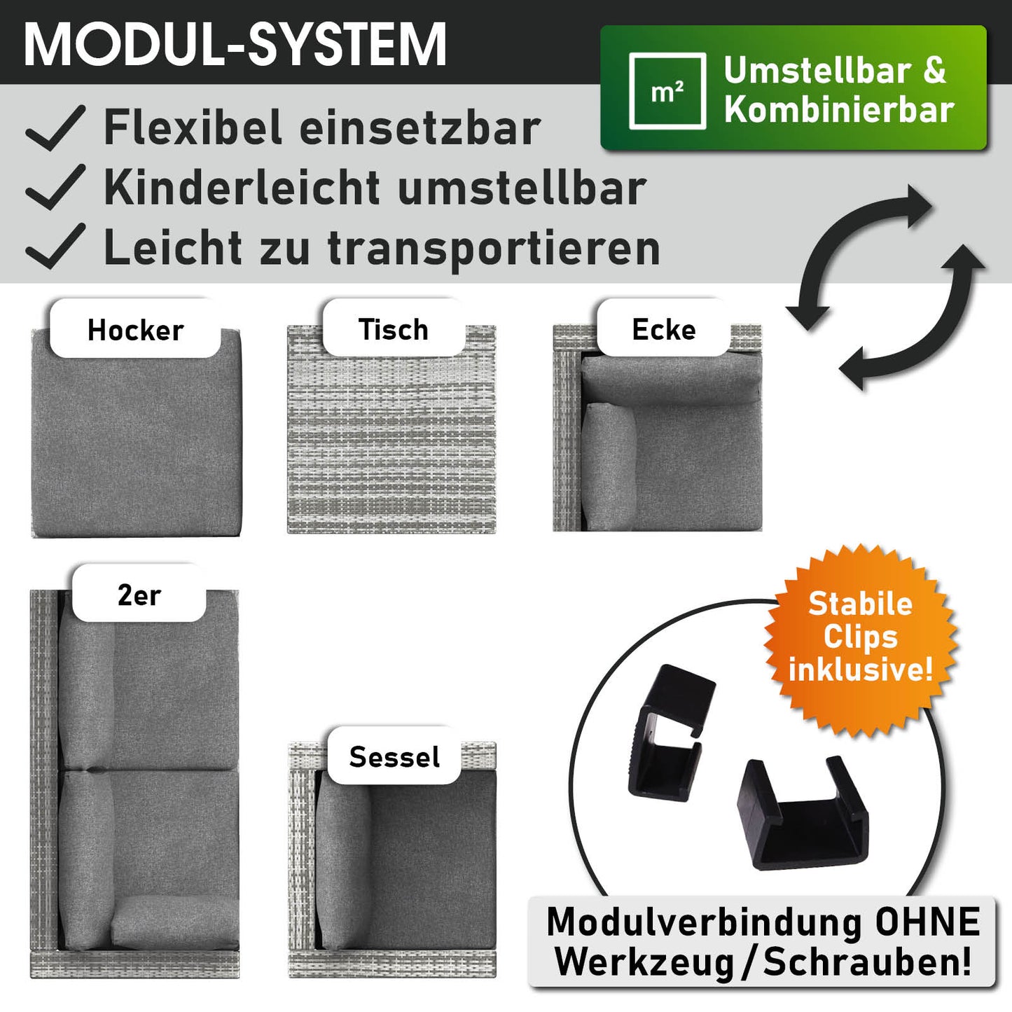 Modulares graues Rattan Lounge Gartenmöbel Set mit Hocker, Tisch, Ecksofa, 2er Sofa und Sessel, Loungemöbel Set flexibel.