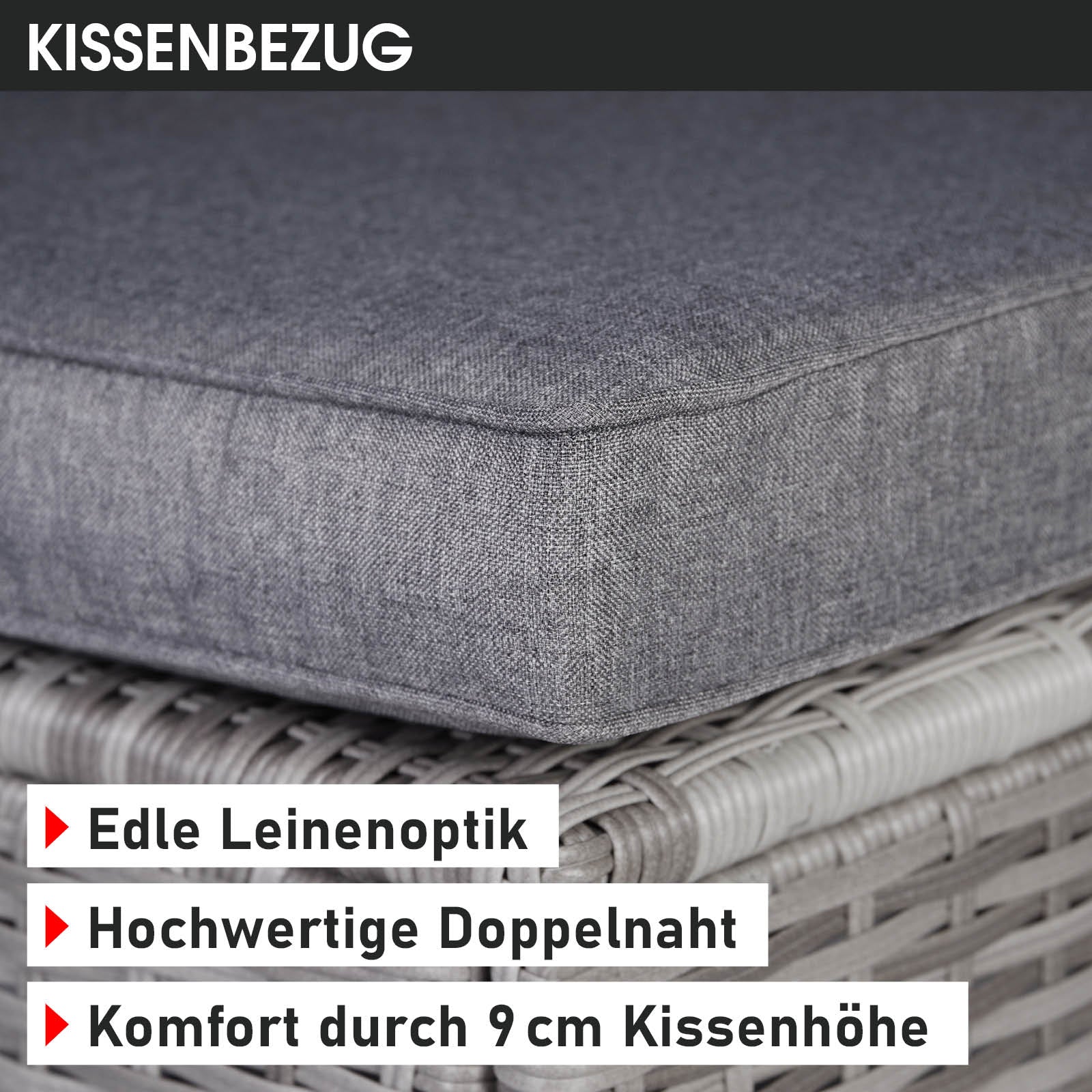 Grau melierter Kissenbezug mit edler Leinenoptik für Rattan Lounge Gartemöbel Set Komfortable Loungemöbel Kissenhöhe 9 cm.