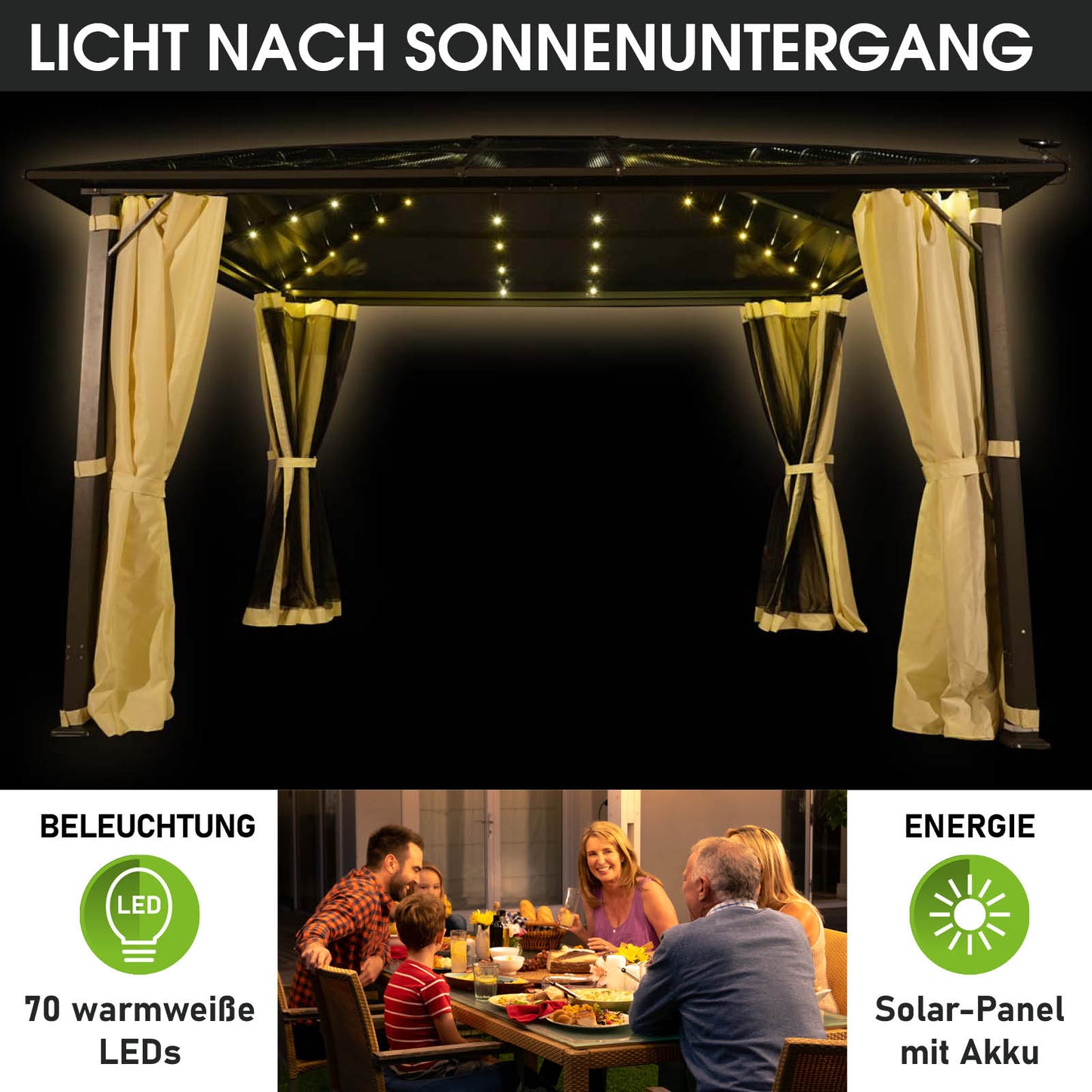Beiger Alu-Gartenpavillon 3x4m mit Vorhängen und warmweißen LED-Lichtern, pavillon sturmfest und winterfest, ganzjährig.