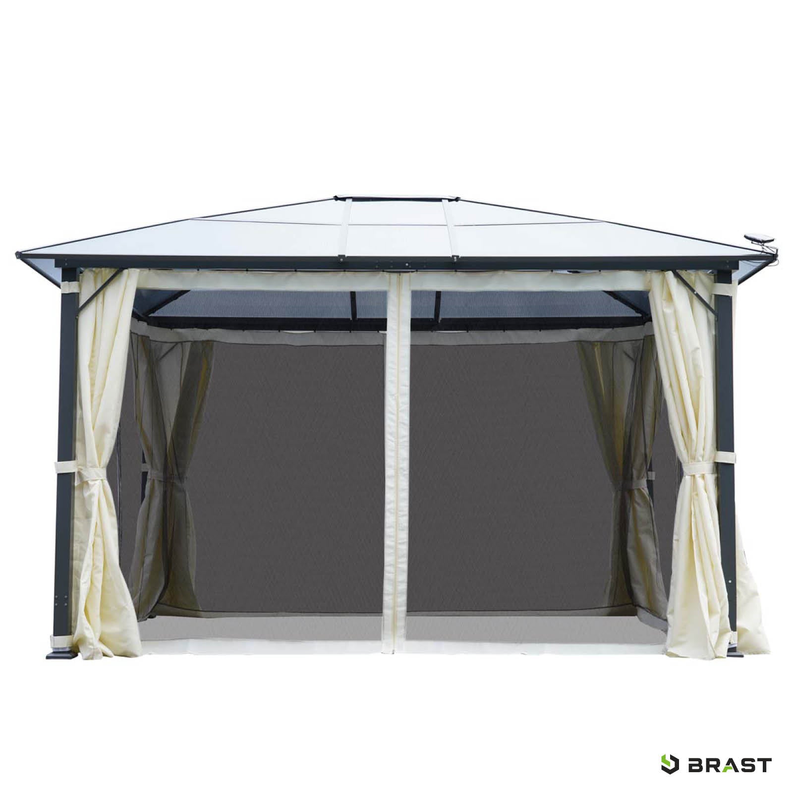 Beiger Alu-Gartenpavillon 3x4m mit wasserdach, sturmfest, winterfest, ganzjährig nutzbar, LED-Beleuchtung.