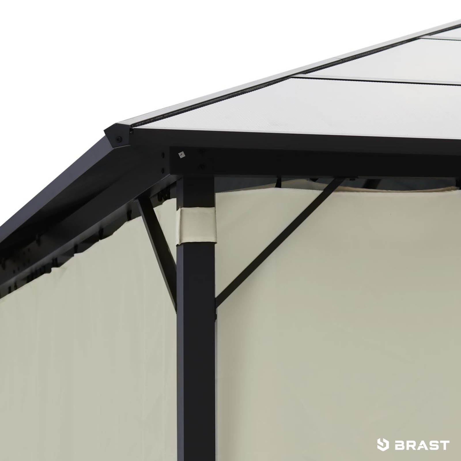 Beiger Alu-Pavillon 3x4m mit stabilem, wasserdichtem Dach, ganzjährig sowie winter- und sturmfest.