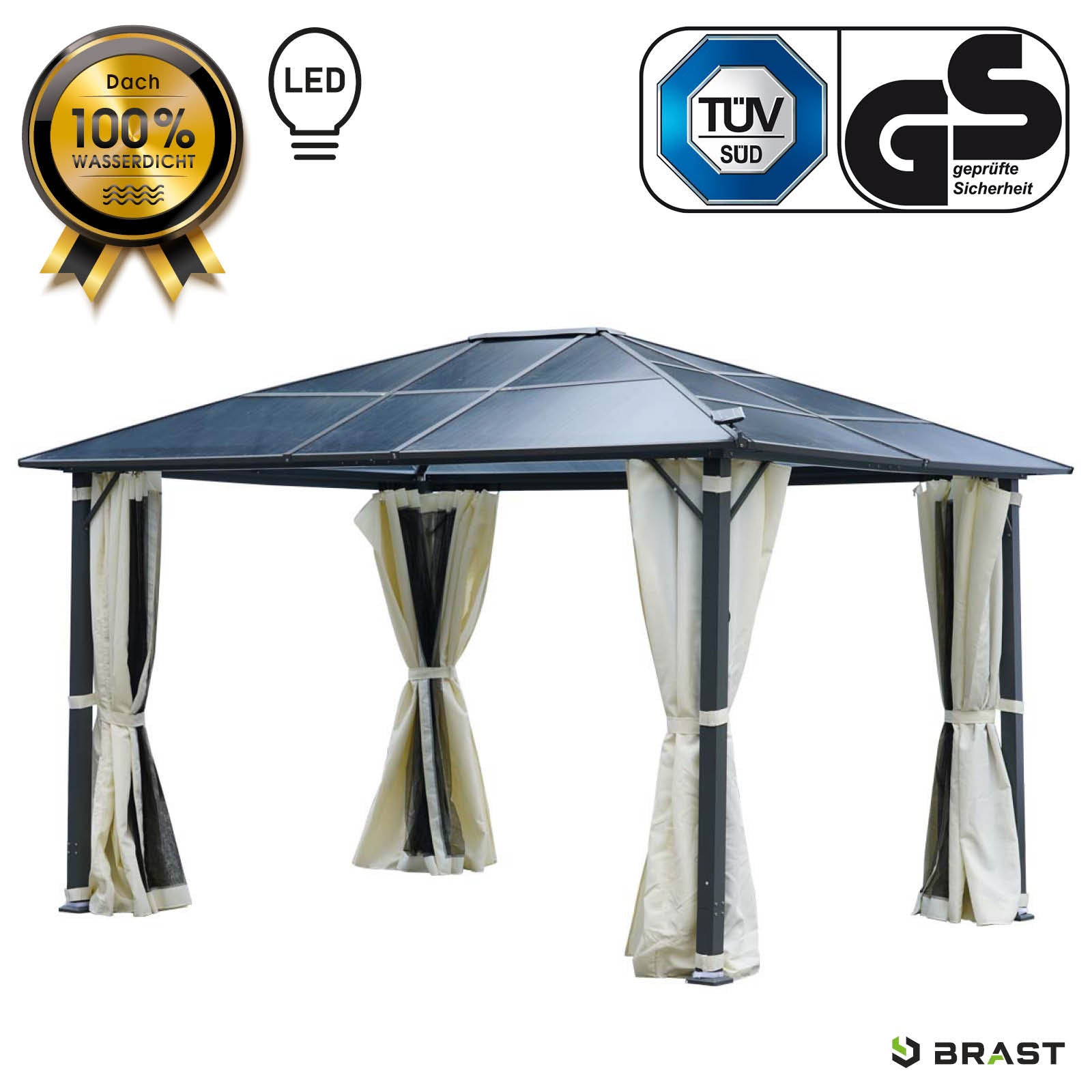 Beiger Aluminium-Gartenpavillon 3x4m mit wasserdichtem Dach, LED-Beleuchtung, sturmfest und winterfest, stabil für.