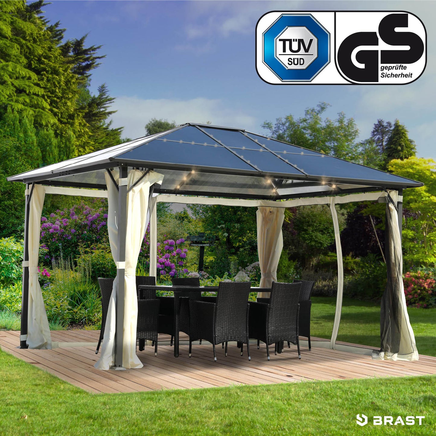 Beiger Alu-Gartenpavillon 3x4m mit LED-Beleuchtung, wasserdicht, stabil, winterfest, sturmfest, ganzjährig nutzbar.