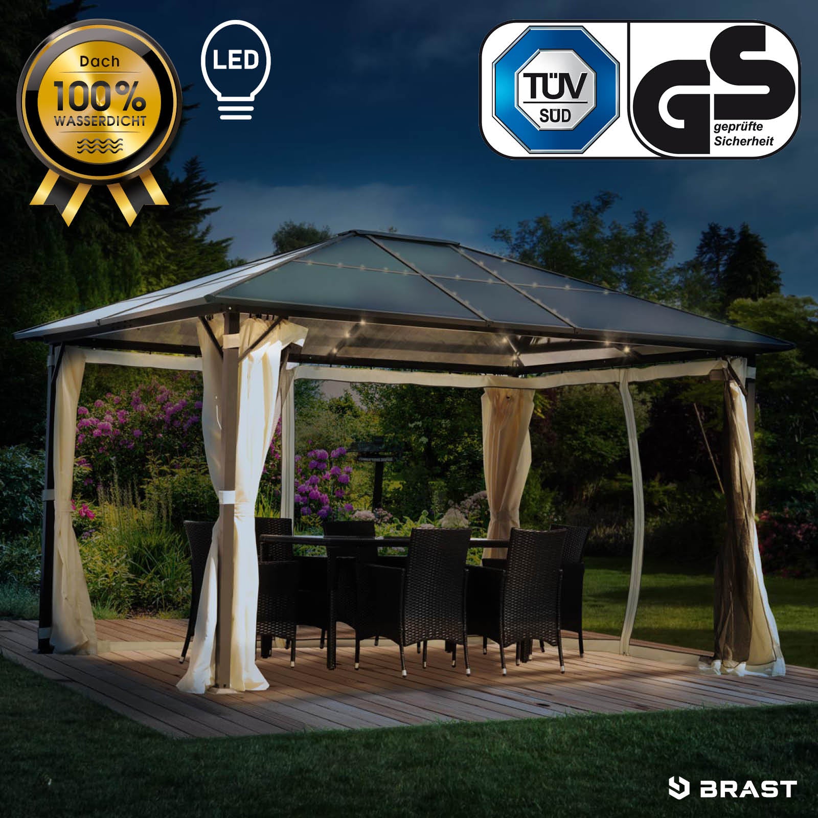 Beiger Alu-Gartenpavillon 3x4m mit LED, sturmfest, winterfest, wasserdicht und stabil, ganzjährig nutzbar.